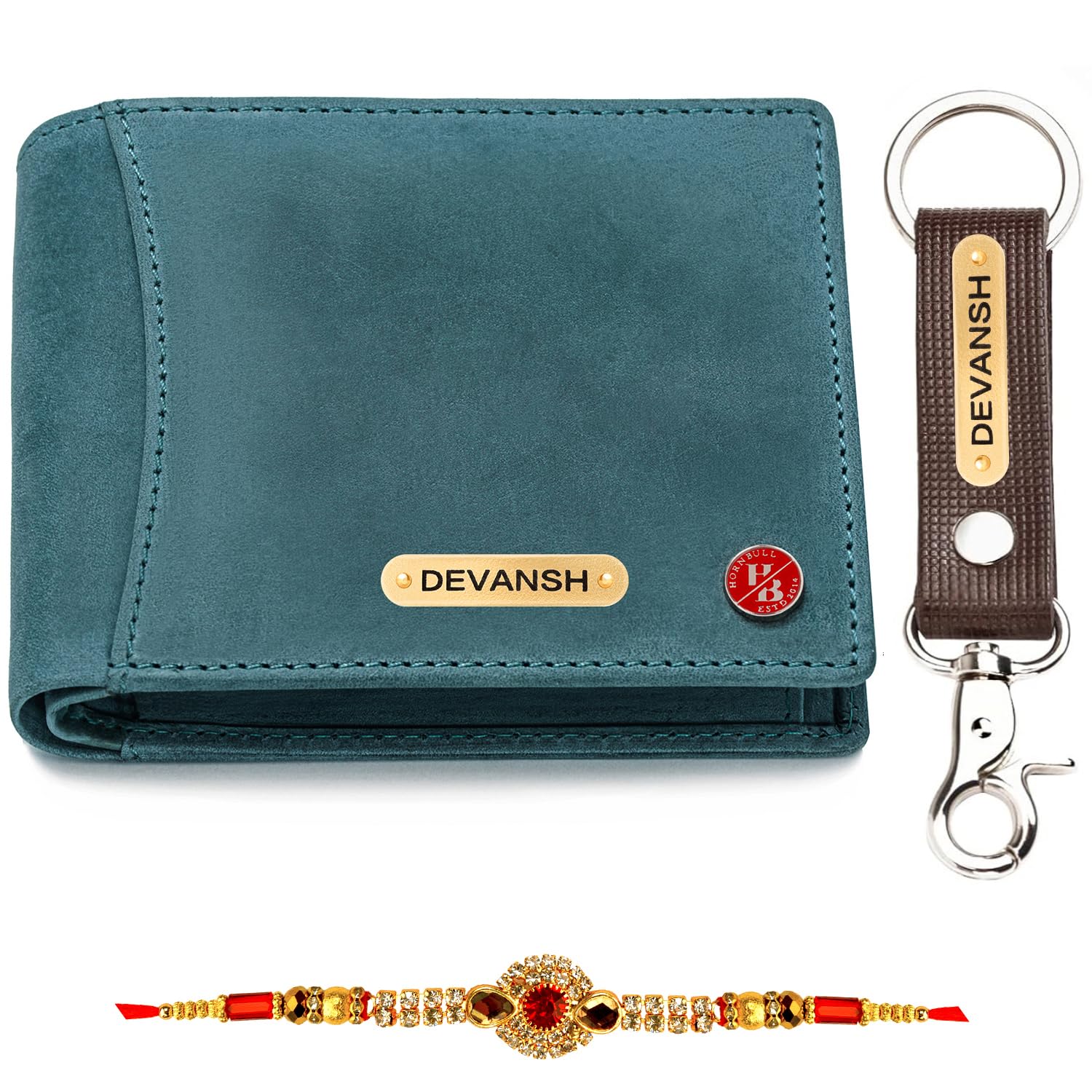 hornbull Men's Personalized Combo Rakhi Gift Set | Customized Stylish Leather Purse & Keyring with Name | Unique Rakhi Gift for Brother (Brown LP)-picture-27