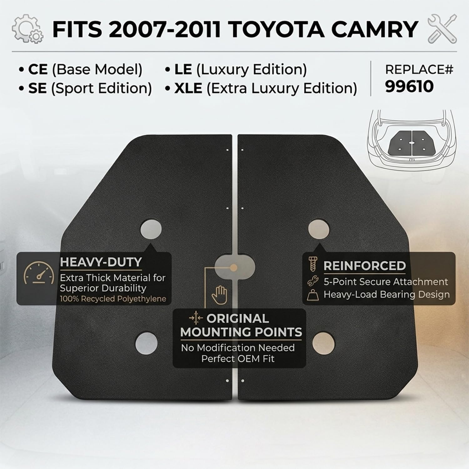 Thickened Spare Tire Trunk Cover Board for 2007-2011 Toyota Camry CE LE SE XLE, Replace # 99610, Heavy Duty Trunk Floor Base Replacement