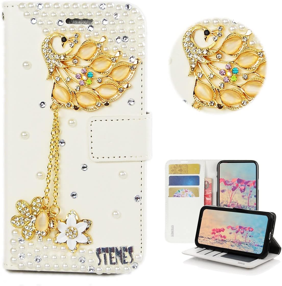 STENES Bling Wallet Phone Case Compatible with Moto G Stylus - Stylish - 3D Handmade Luxury Peacock Pendant Flowers Leather Cover with Neck Strap Lanyard [3 Pack] - Gold