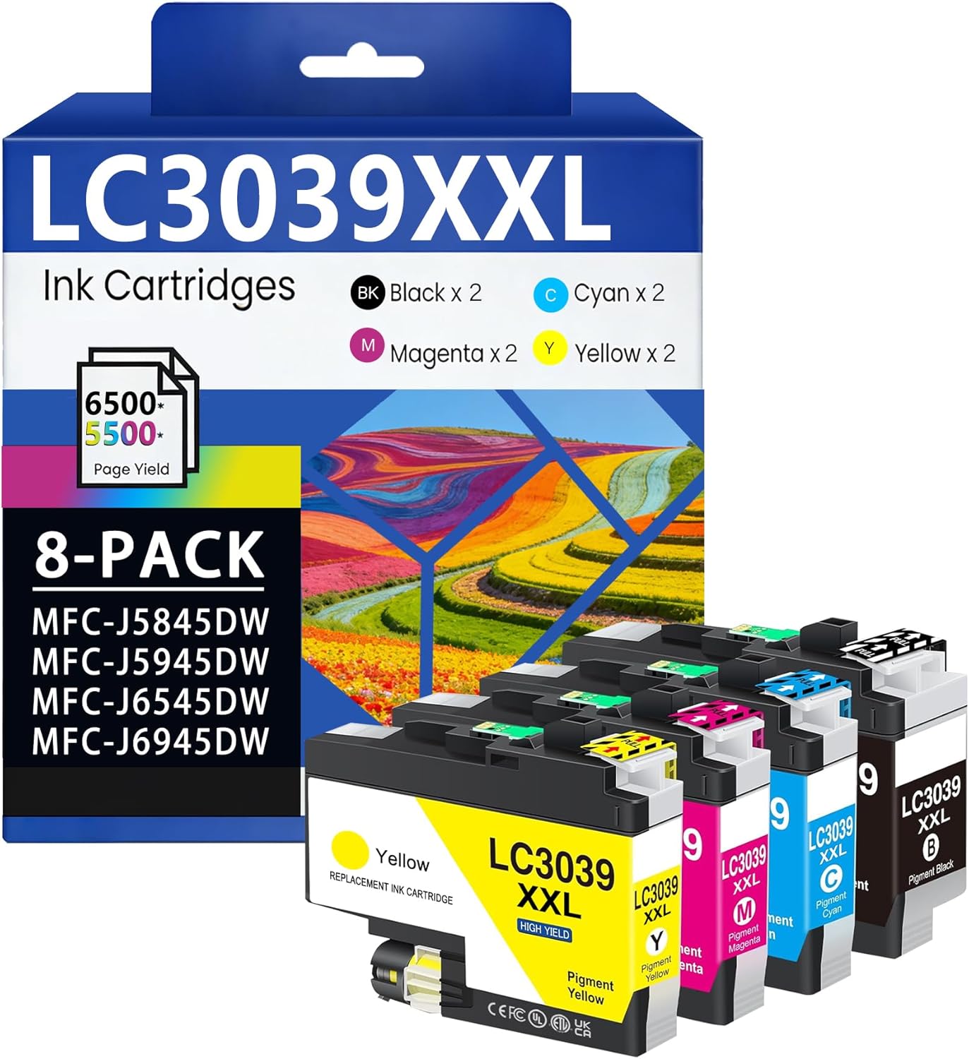 LC3039 LC3039XXL (8Pack, 2BK/2C/2M/2Y) Ink Cartridges High Yield Replacement for Brother LC3039BK LC3039C LC3039M LC3039Y Ink Cartridges MFC-J5845DW MFC-J6945DW MFC-J6545DW MFC-J5945DW Printer