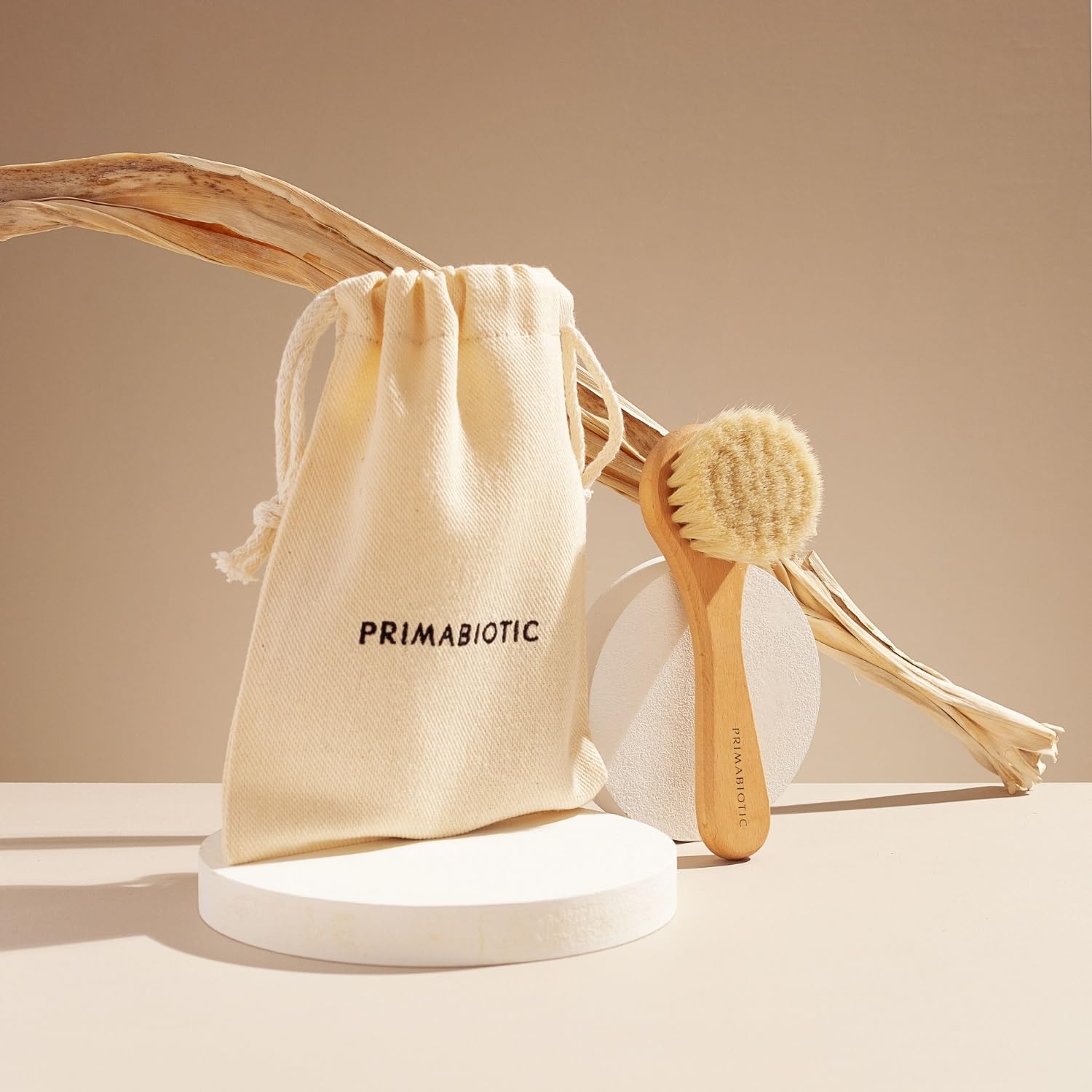 Primabiotic Cepillo de Masaje Facial de Madera de Roble y Pelo de Cabra para Limpieza Seca Natural