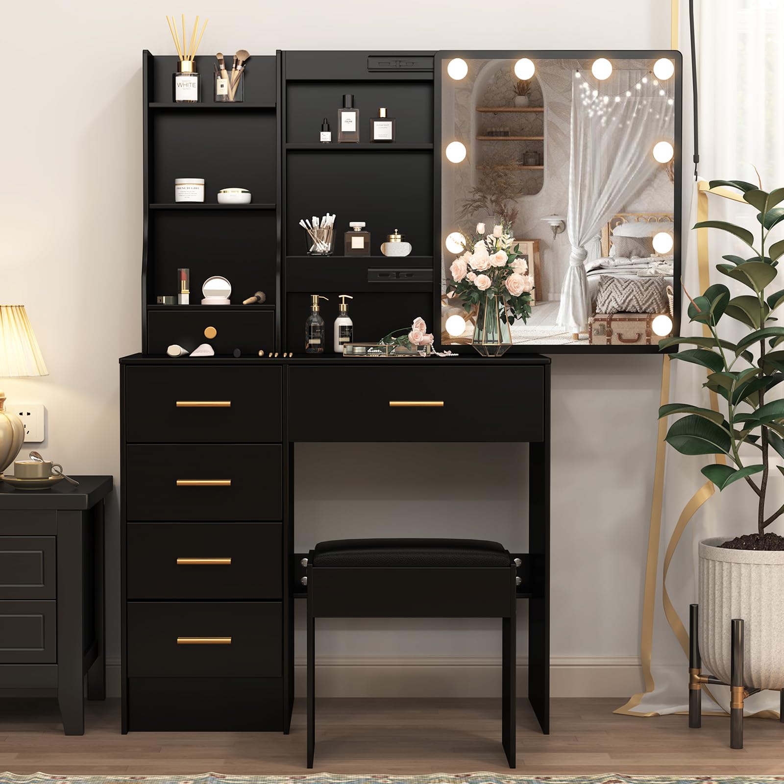Kaptafel Met Verlichte Spiegel LED-lampen, 3 Kleurverlichtingsmodi, Make Up Tafel Met Laden, Make-up Ijdelheidstafel Met Kruk Voor Dames En Meisjes (Color : Gray blackA, Size : 100cm/39.3in