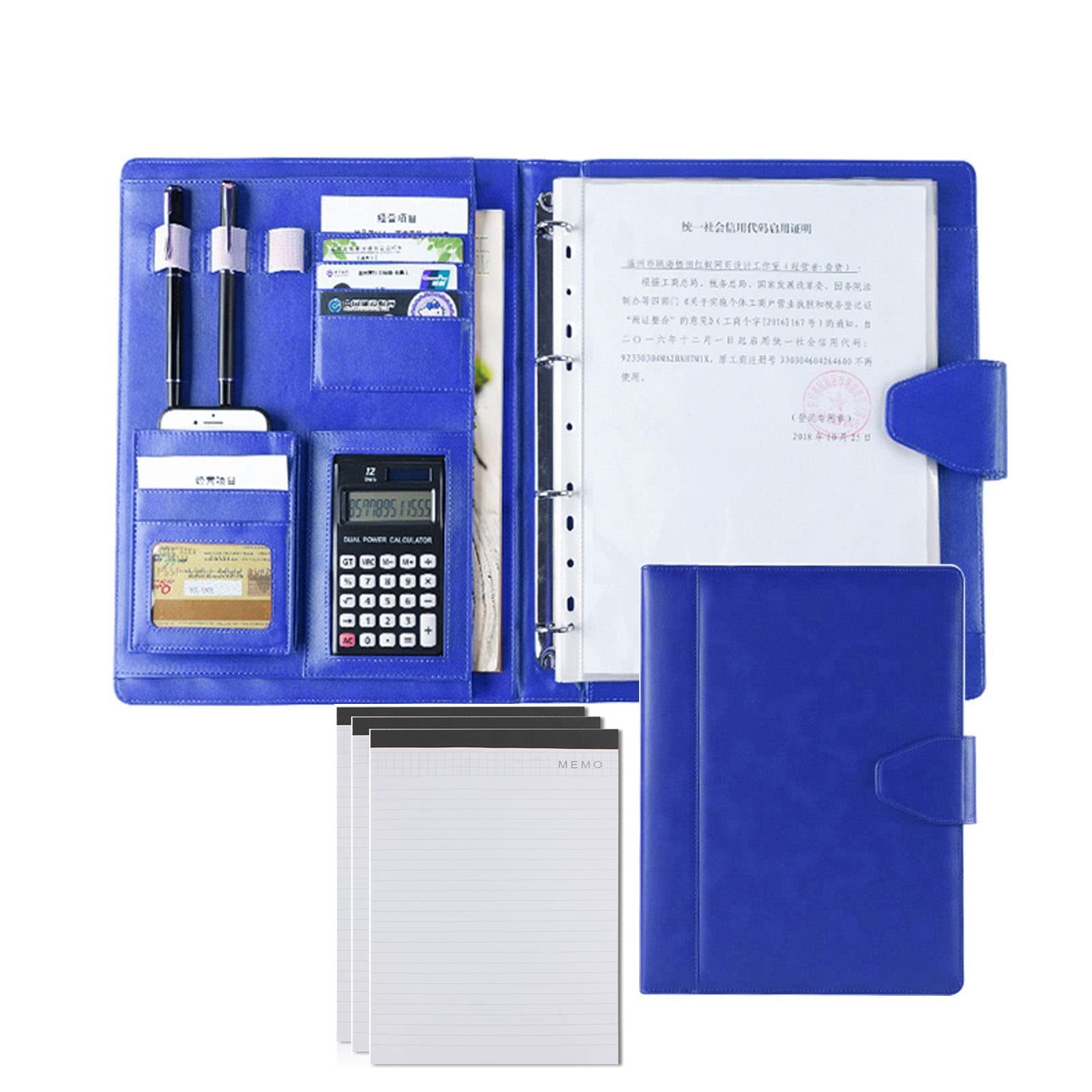 Padfolio, Portfolio Organizer, PU Leather Portfolio Padfolio con raccoglitore ad anelli a 4 anelli, organizer aziendale, cartella curriculum, quaderno con 3 blocchi note, portadocumenti for uomo e don