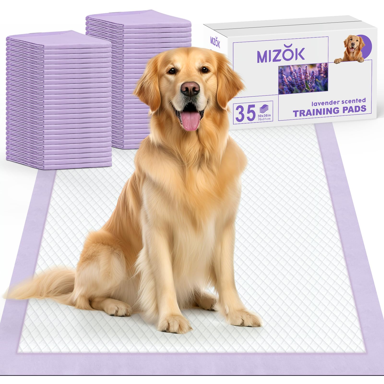 MIZOK Dog Pee Pads Extra Large 30x36in Pee Pads for Dogs Lavender Scented Odor Control Pee Pads Ultra Absorbent for Up to 10 Cups 6 Layers Leak-Proof Dog Pads Purple (35 Counts)