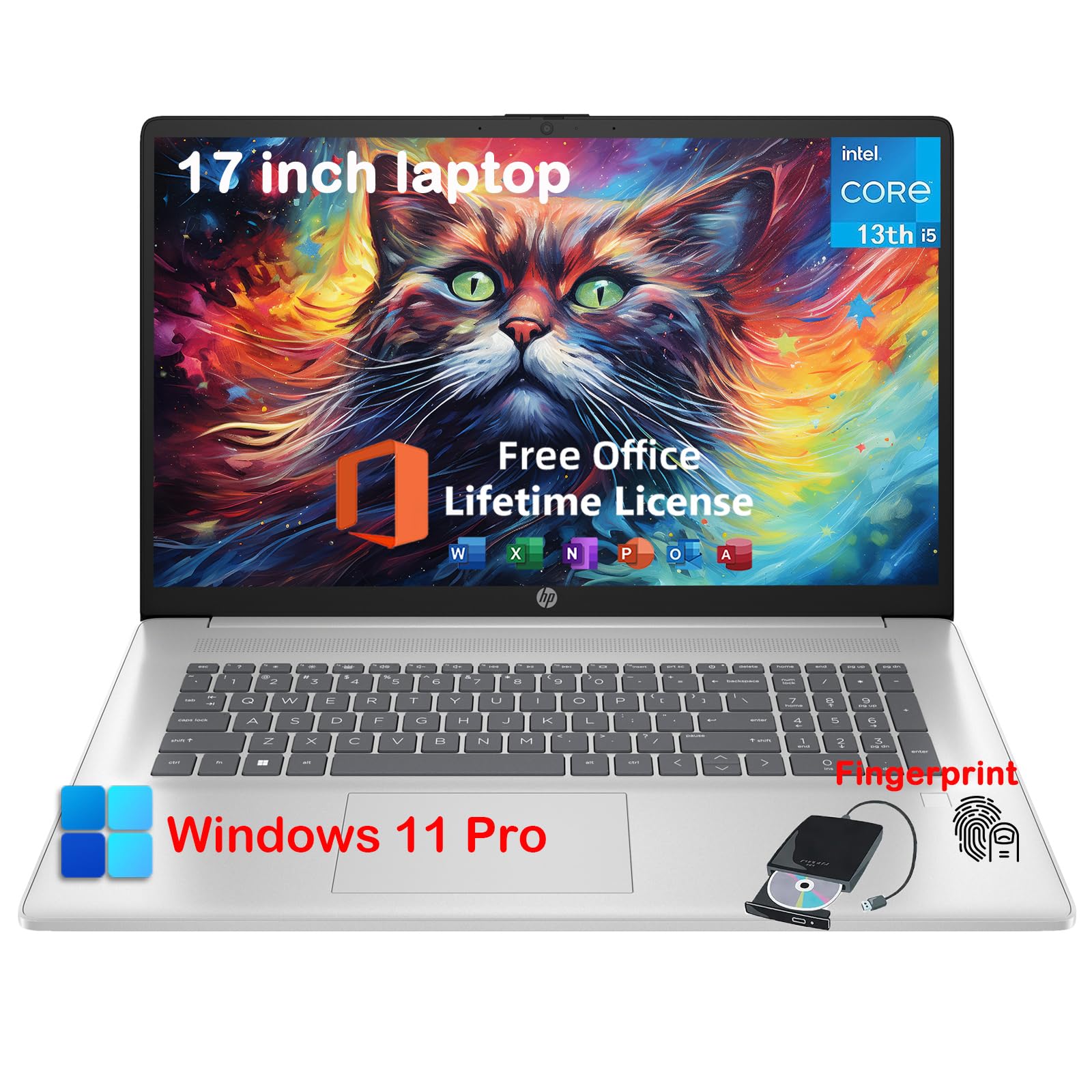 HP 17 Laptop Computer for Business and Students, Office Lifetime, 17.3" HD+ Display, Intel 10-Core i5-1334U, Fingerprint, Backlit KB, Win11 Pro, External DVD Drive, Numeric Keypad (64GB RAM | 2TB SSD)
