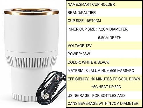 Miniatura 2 de Portavasos para automóvil, calefacción, refrigeración, bebidas, calentador inteligente para café, bebidas y leche (blanco con dorado)
