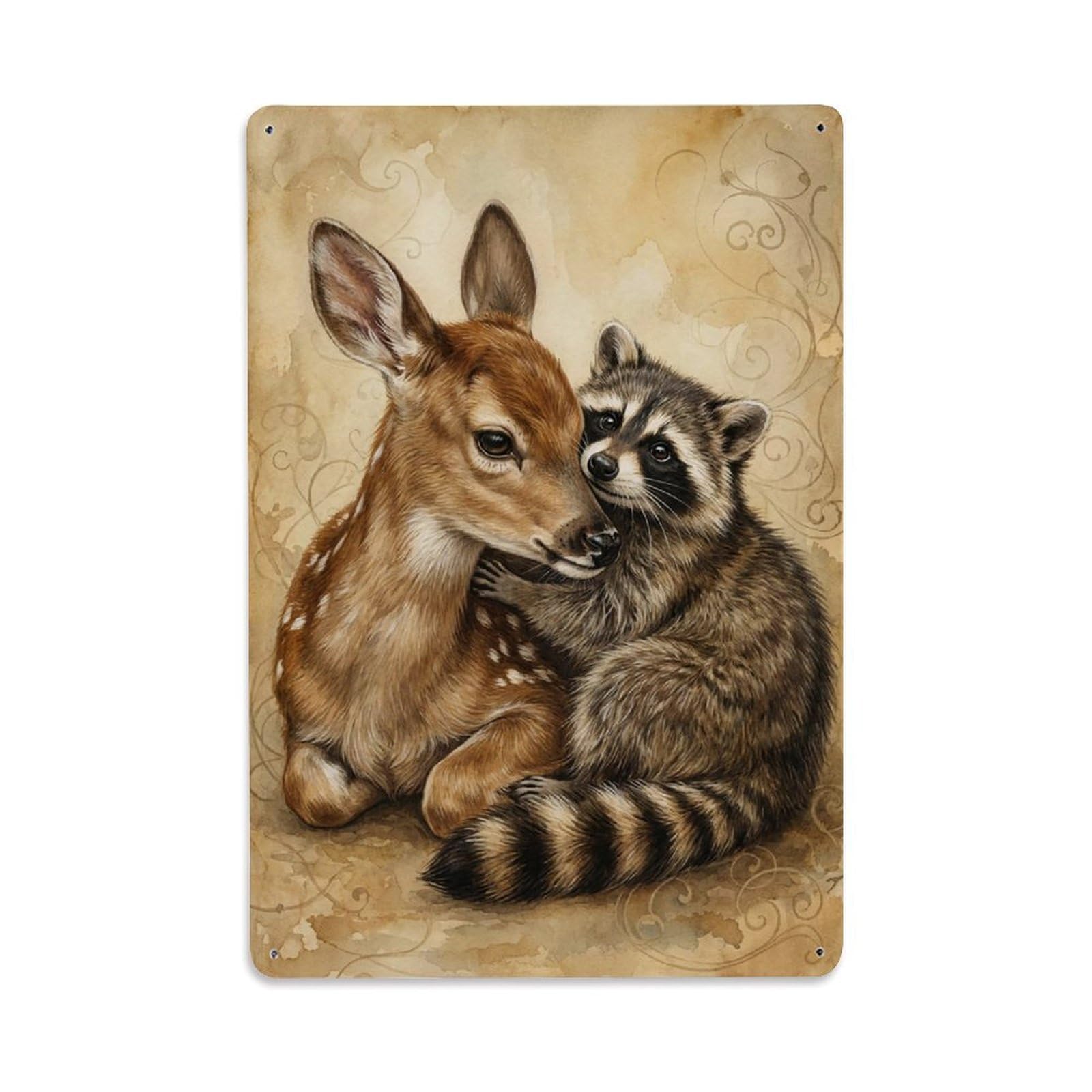 Vintage Animal Cute Fawn & Raccoon Animal Friendship Metal Tin Sign