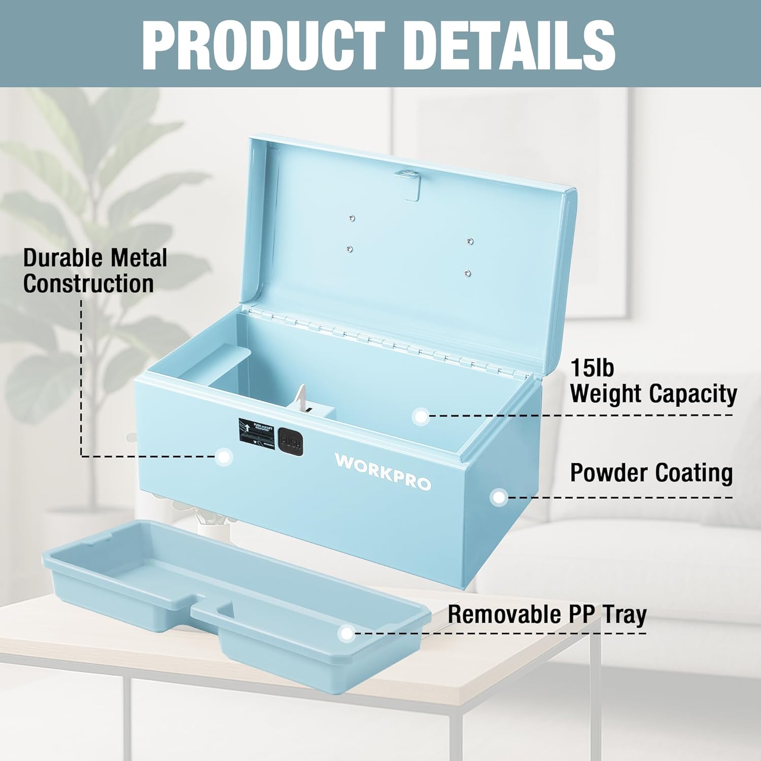 WORKPRO 10.8" Portable Mini Metal Tool Box with Removable Color-Matching Tray, One-Button Latch Toolbox, Steel Tool Chest with PP Handle, Compact Storage Organizer for Home, Office or Workshop
