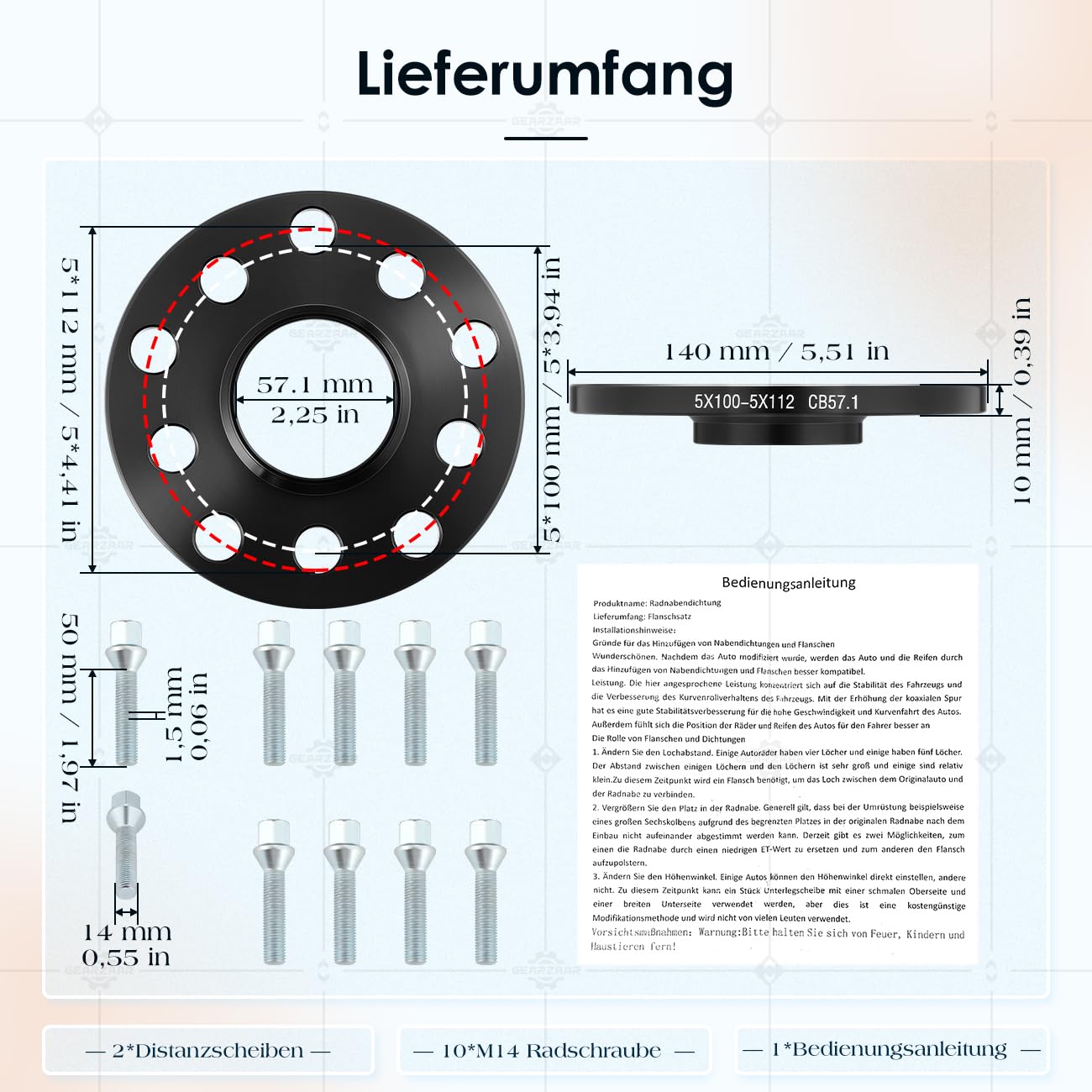 Spurverbreiterung 20 mm (2x10 mm) 5x112 Nabendurchmesser 57,1 mm inkl.Kompatibel mit VW Golf Kompatibel mit Audi Kompatibel mit Seat mit Radschrauben M14x1,5x50mm Spurplatten Distanzscheibe