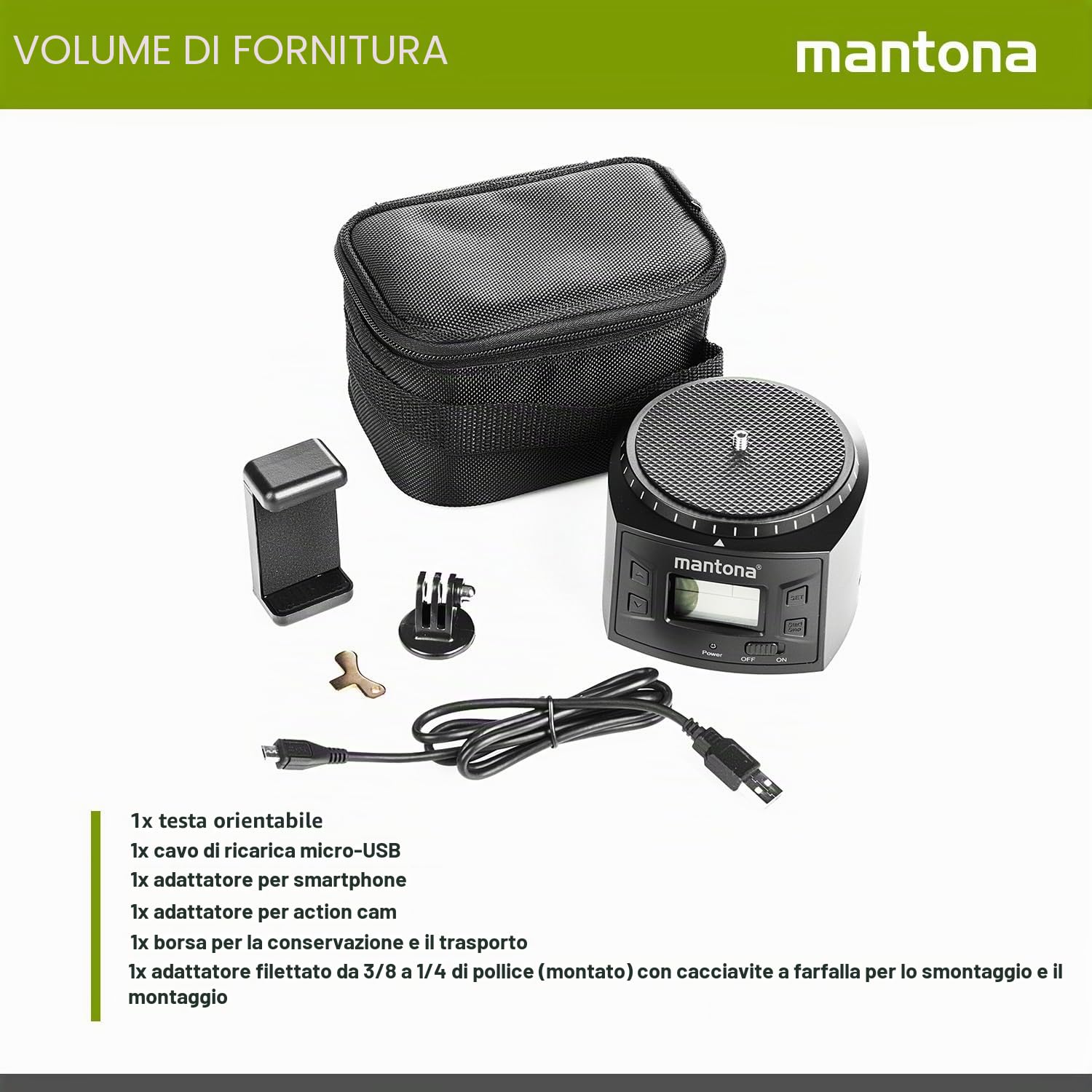 Mantona Testa panoramica motorizzata, riprese panoramiche a 360°, rotazione continua, utilizzabile con treppiedi fotografico, accessorio per fotocamere GoPro e smartphone