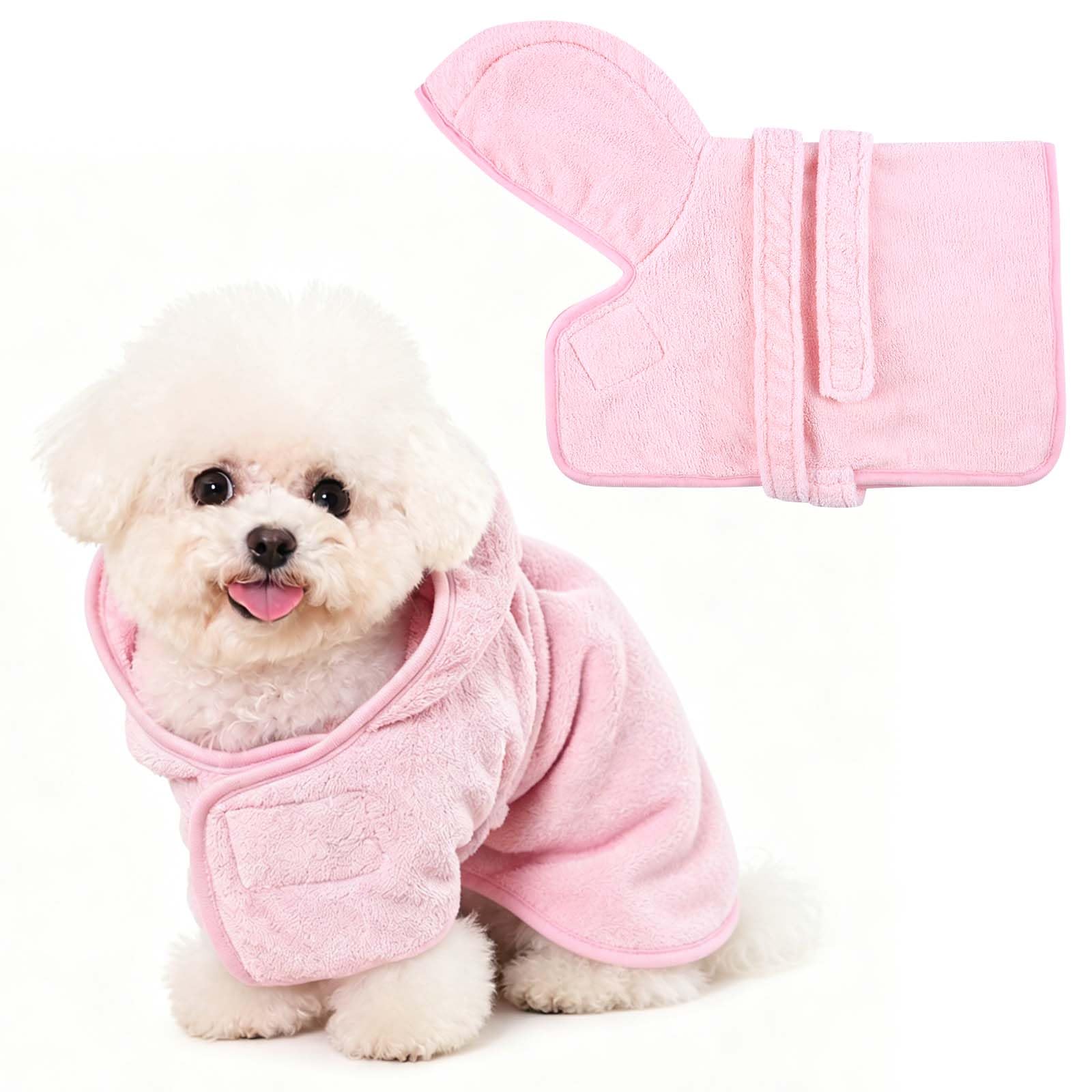 Yaopelky Dog Bathrobe Towel with Hood Super Absorbent Pet Bath Robe for Small Medium Dogs Quick Drying Doggy Bath Towel Coat with Adjustable Waistband Soft Pet Grooming Robe (Pink, S(Below 4kg))