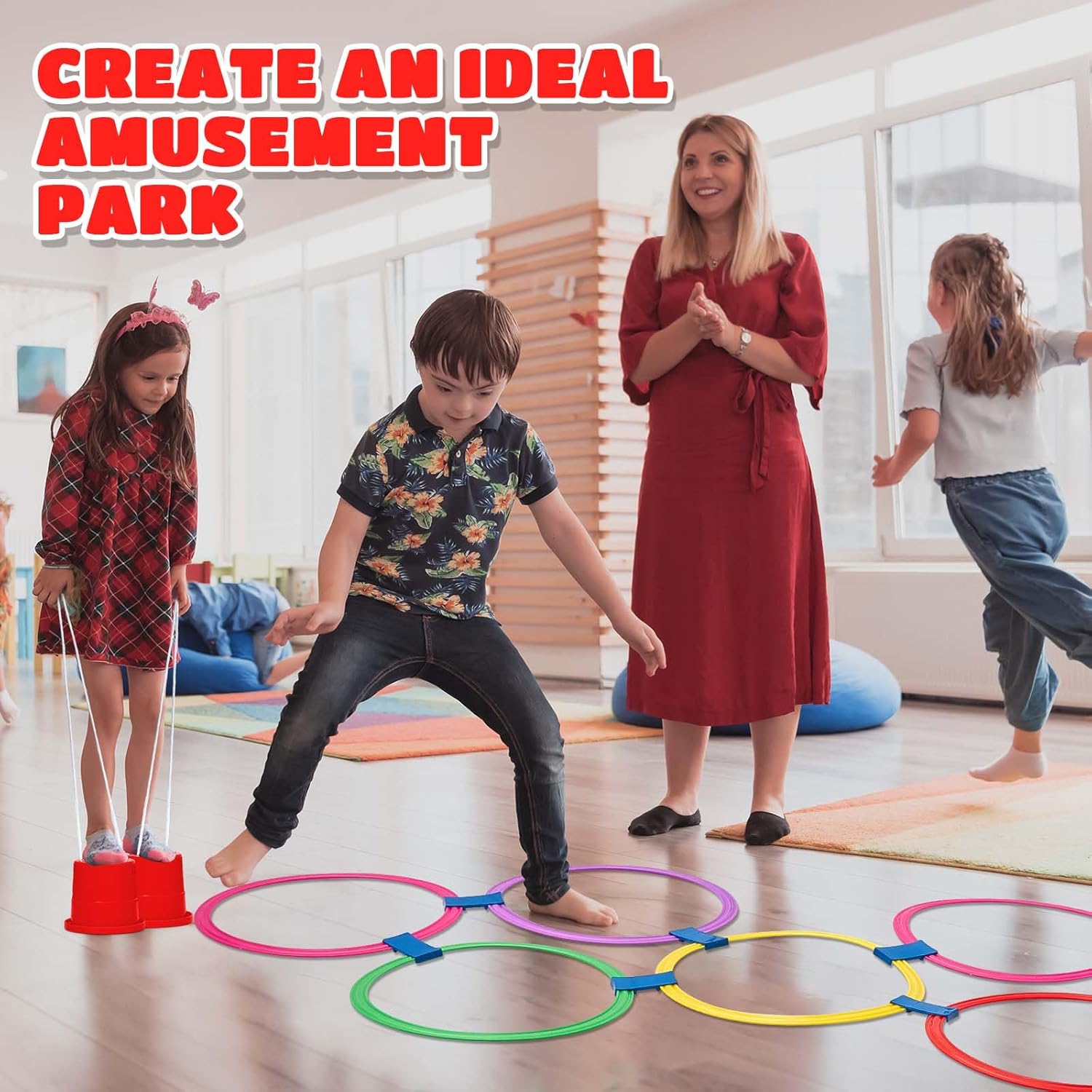 8 Pair Balancing Stilts for Kids and 1 Hopscotch Ring Game Set Thickened Walking Bucket with Adjustable Rope Hop Scotch Kid Balance Coordination Toy Indoor Outdoor Birthday Playground Game Party Favor