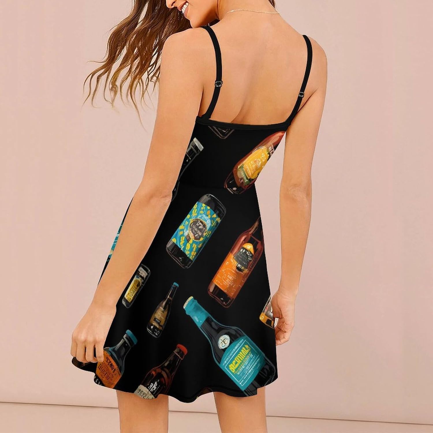 Beer Bottles Pattern Short Cami Dress for Women Adjustable Spaghetti Strap Flowy Sundress Beach Vacation