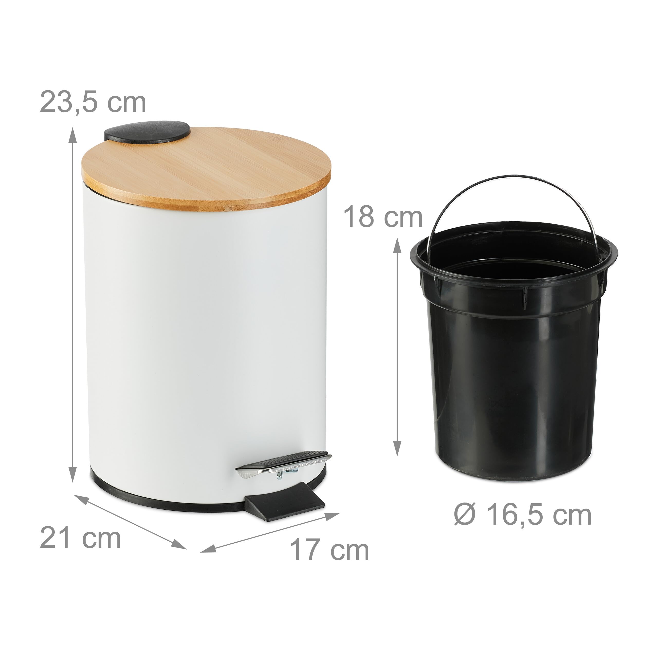 Relaxdays Pattumiera Bagno a Pedale 3 L, Cestino Cosmetici con Cesto Interno Rimovibile, Bidone in Ferro e bambù, Bianco