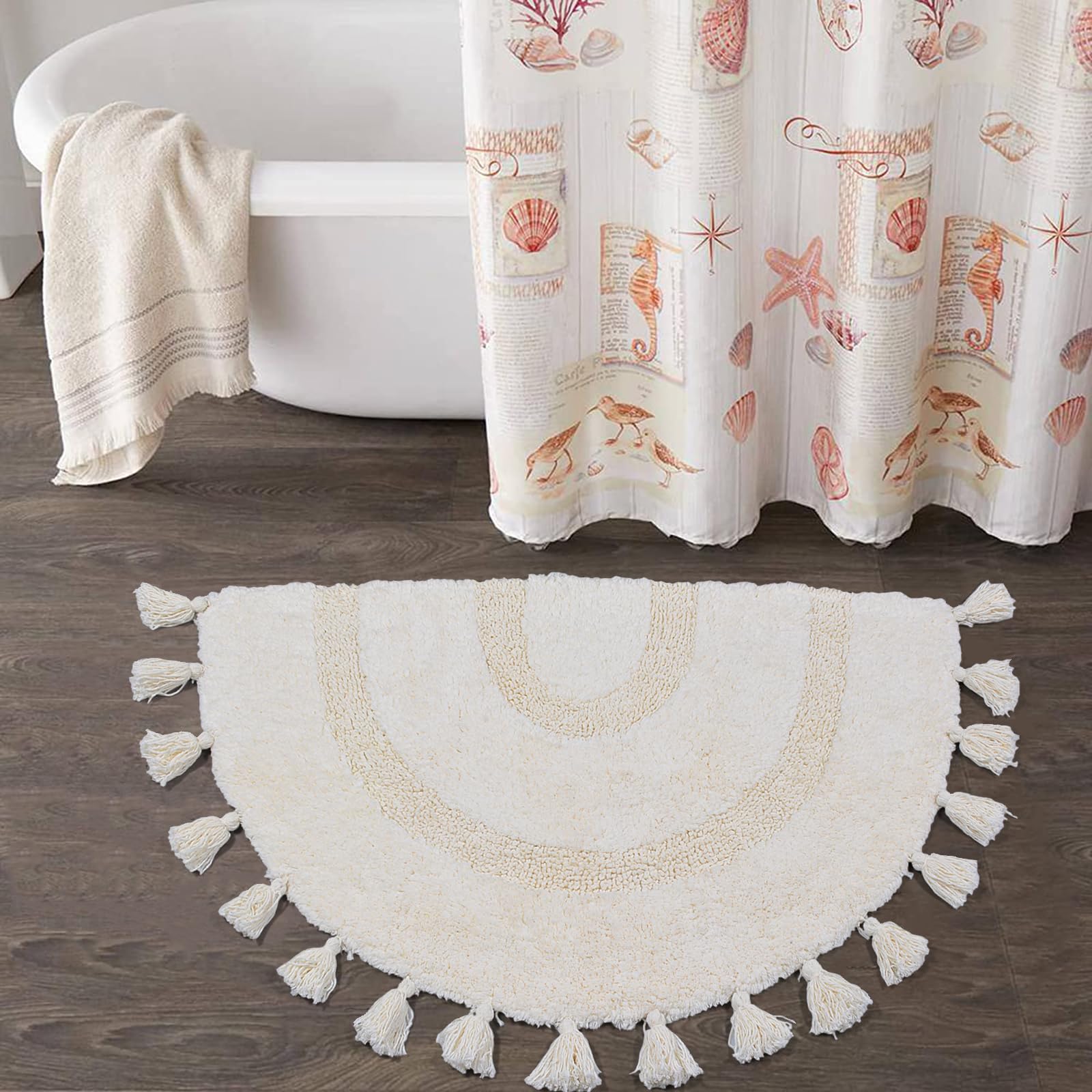 Boho Bathroom Rug Half Circle Cotton Bath Mat with Tassels Hand-Woven ...