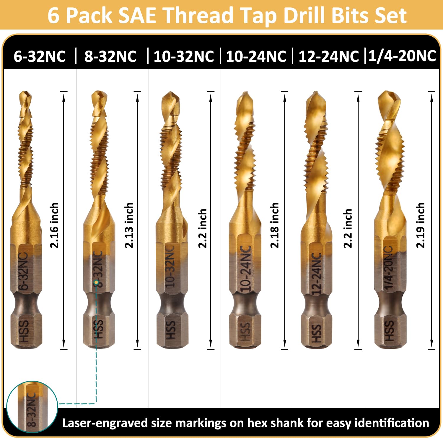 6 Pack Taps Bit Set - Titanium Combination Drill Tap Bit Set Screw Tapping SAE 6-32NC 8-32NC 10-24NC 10-32NC 12-24NC 1/4-20NC (6 Pcs Tap Set)