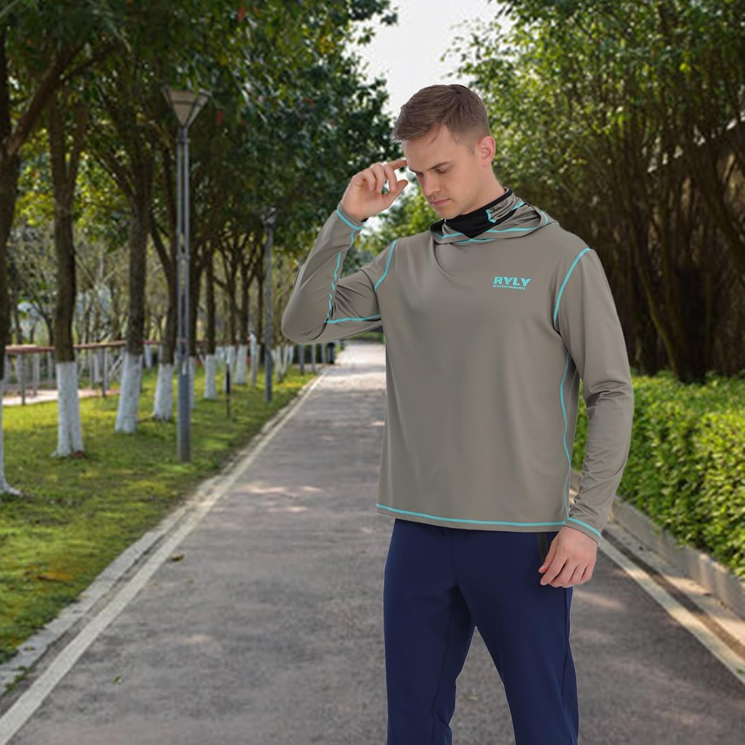 Mens Fishing Shirts,Long Sleeve Rash Guard Hooded Shirt with Mask UPF 50+ Sun Protection Hoodies Hiking Shirts(M) Army Green - Image 3