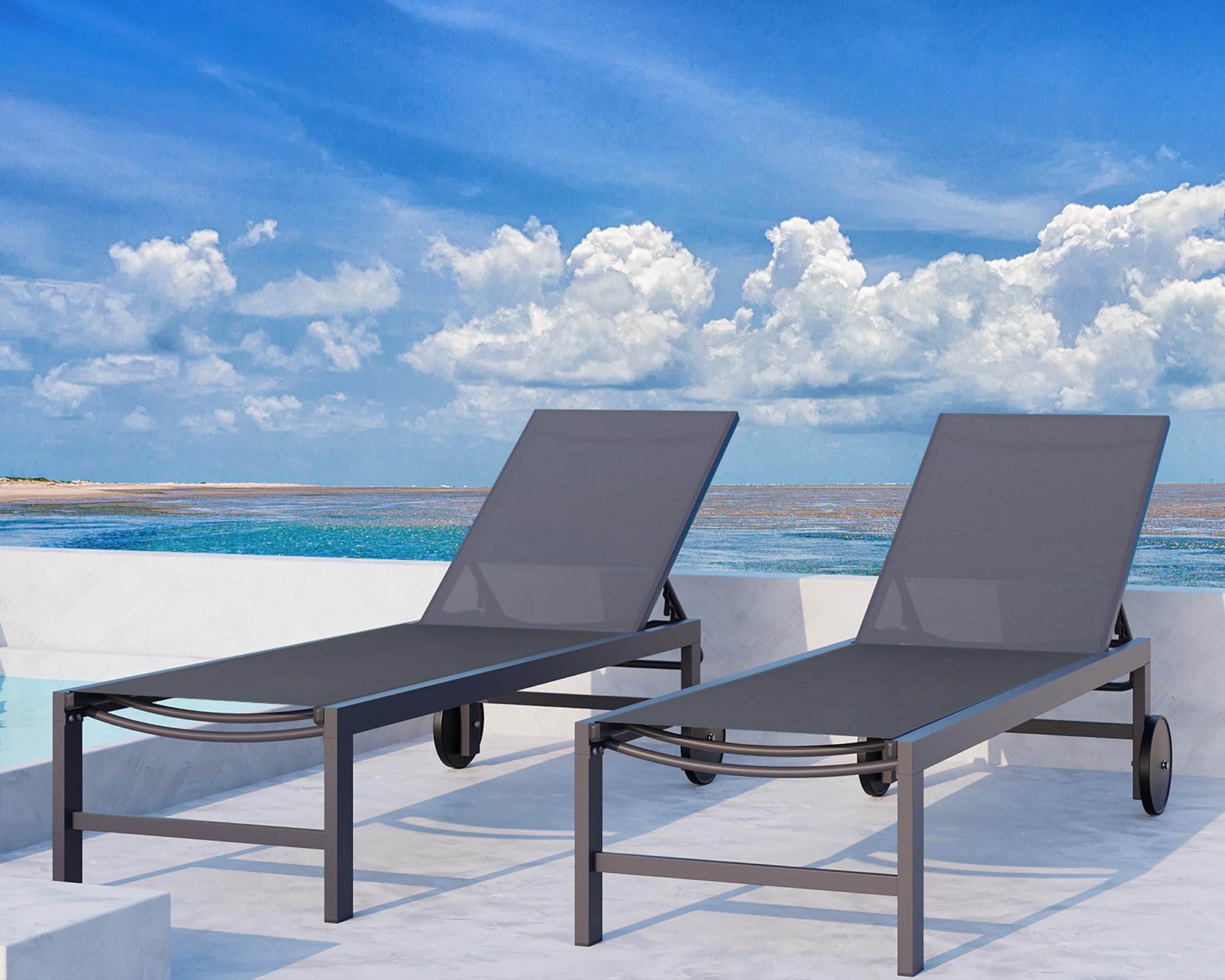 QAQA Patio Chaise Lounge Set of 2, Outdoor Lounge Chairs with 5 Adjustable Positions and Wheels, All Weather Outdoor Reclining Chair for Pool Backyard