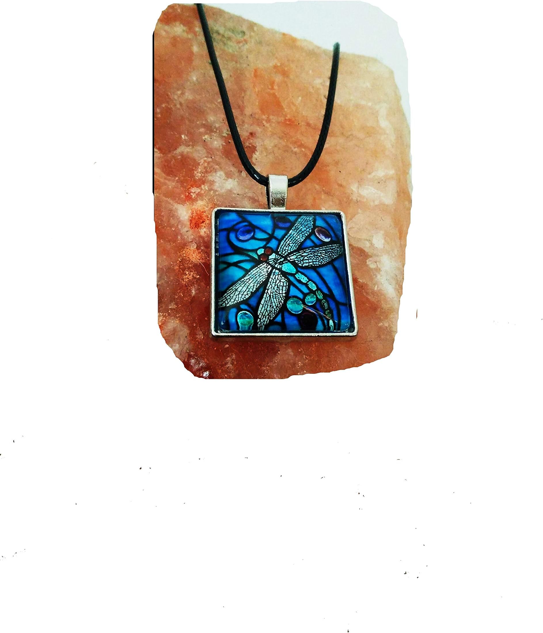 CrownOfRibbonsDragonfly necklace on vegan cord, insect jewellery and pendant, square glass design