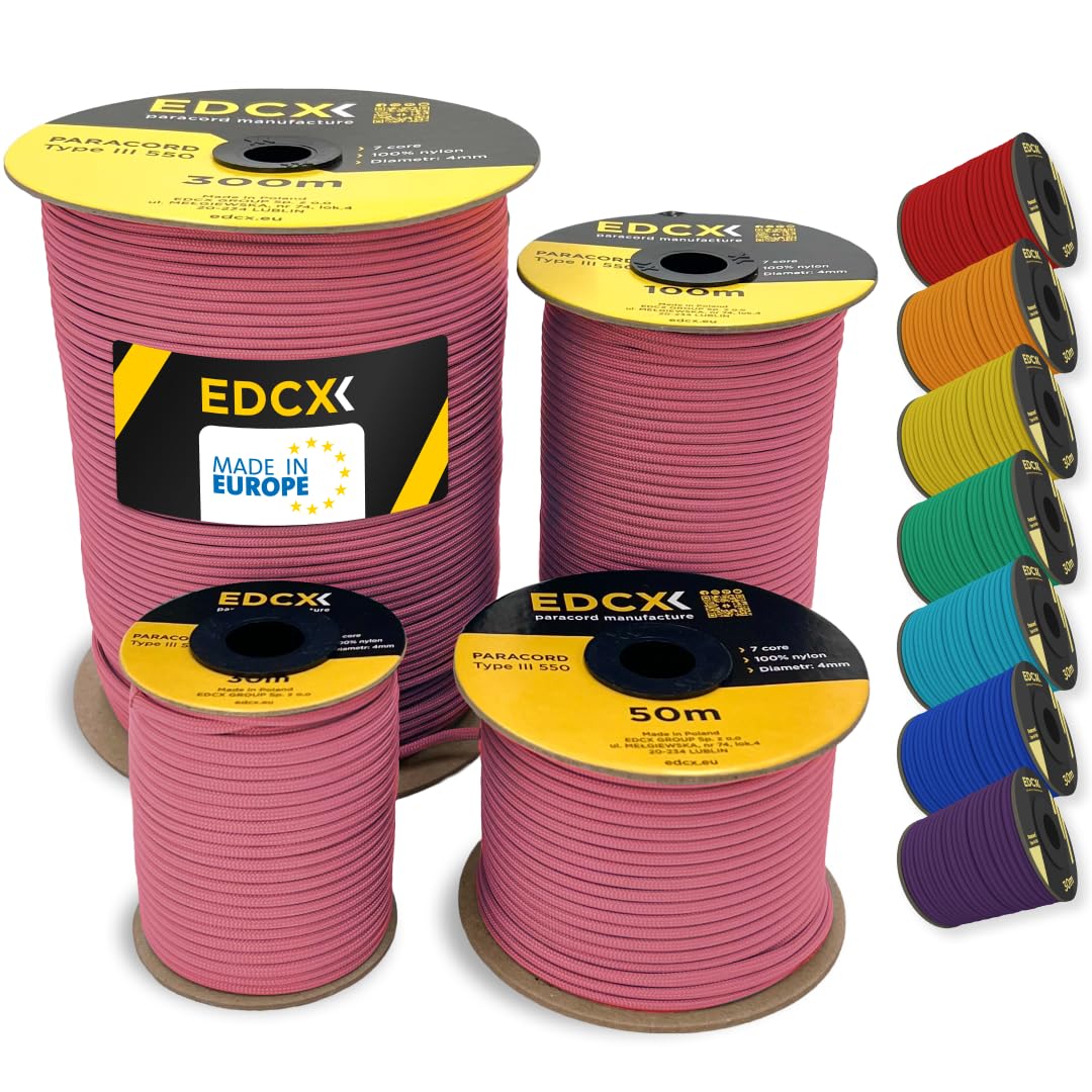 EDCX 4mm Nylon Paracord 550 15m (50 feet) | Ideal for Camping, Survival, Outdoor, Crafting, DIY | 100% Nylon Rope 4mm | Paracord 550 Type III in Solid Color (Pastel Pink, 15 m)