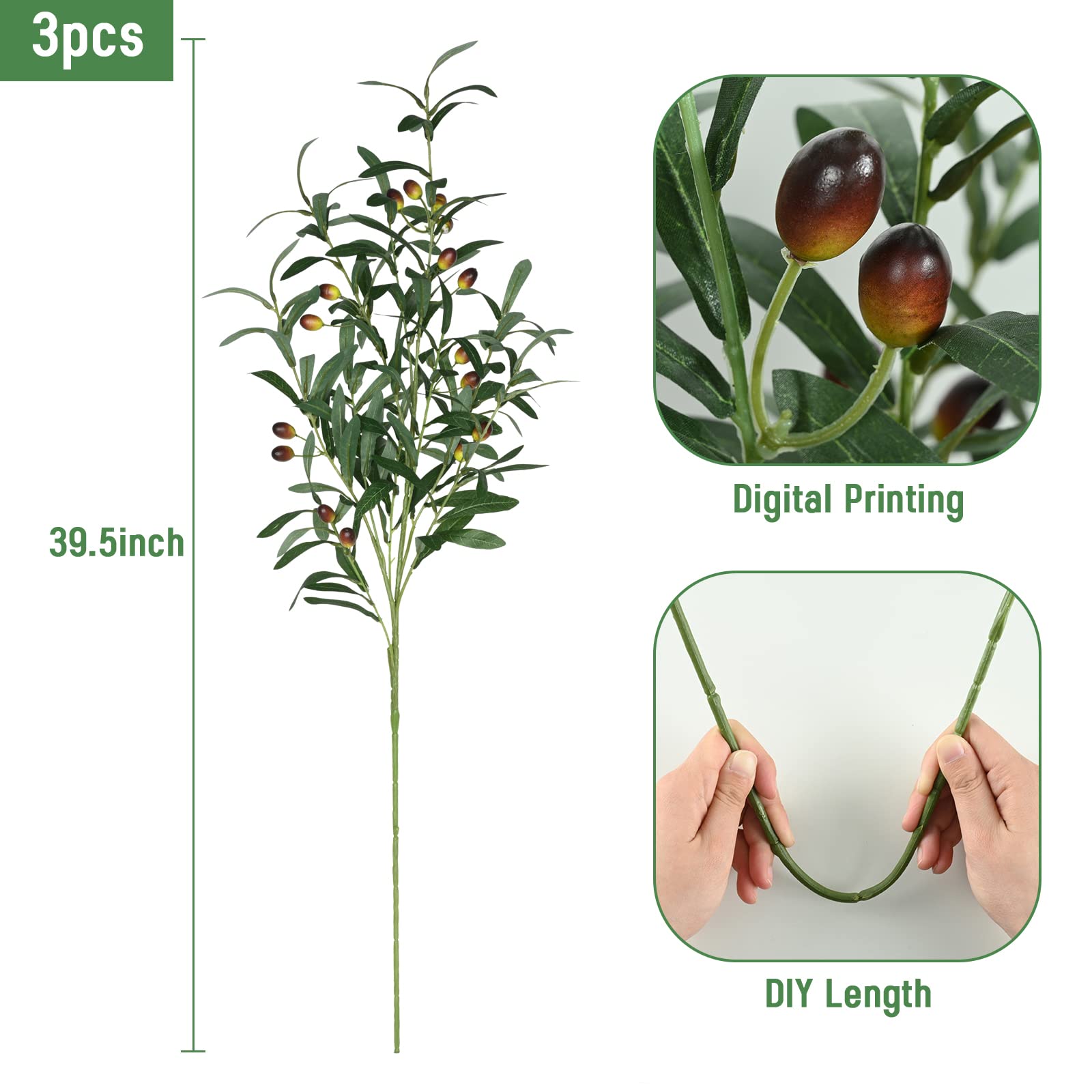 Waipfaru 3 Ramas de Olivo sintético de 39 Pulgadas para jarrones, Ramas de Olivo con Aceitunas realistas, Tallos de vegetación Artificiales Altos para centros de Mesa, arreglos Florales, jarrones