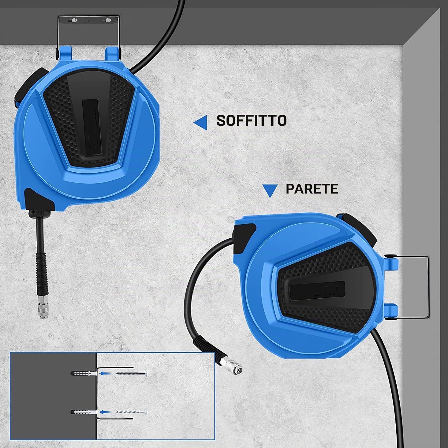 Avvolgitubo per aria compressa da 15 m, attacco da 1/4", avvolgitubo ibrido, scatola per tubo flessibile da parete, 180°, avvolgitubo ad aria compressa, max. 20 bar, retrattile automatico, blu