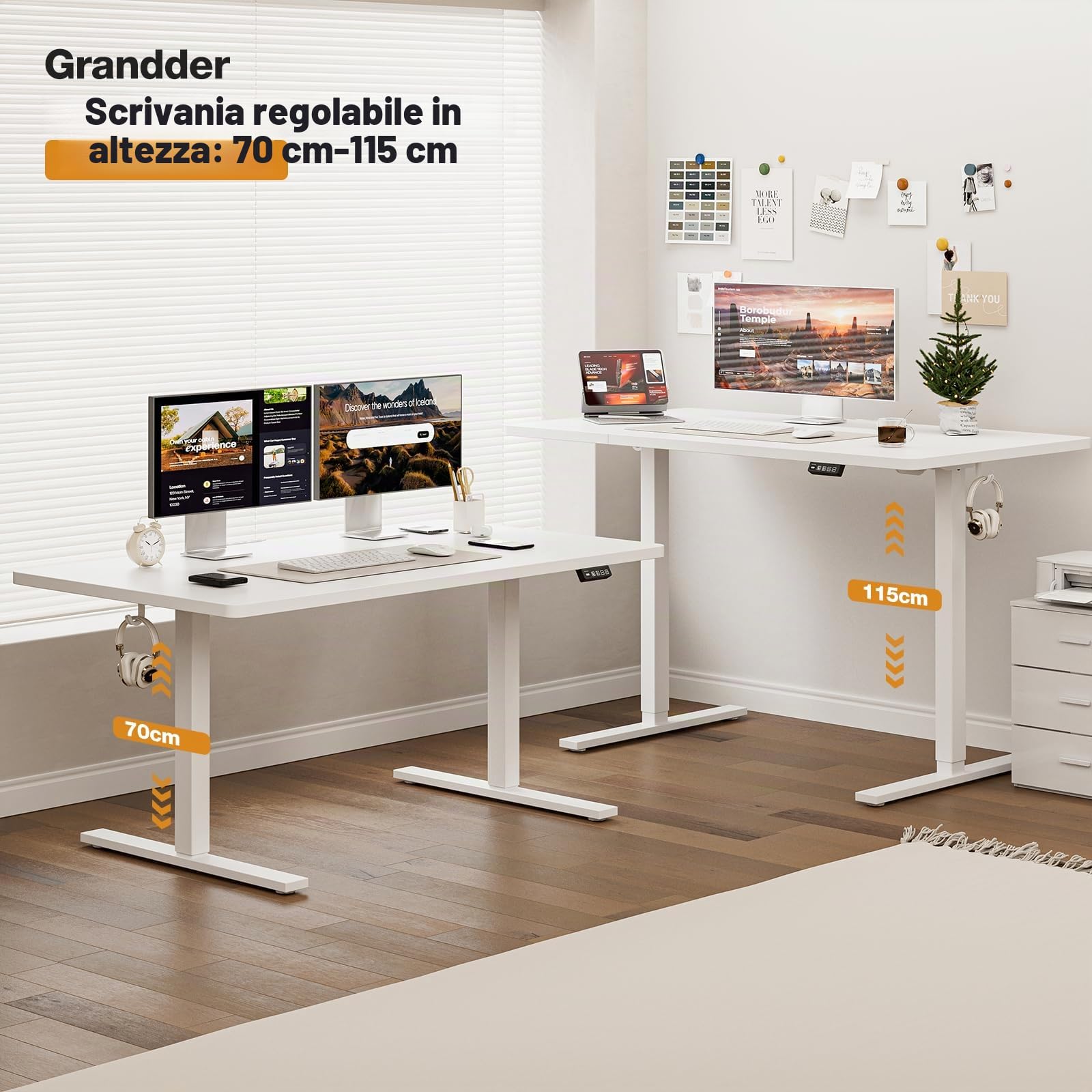 Grandder Scrivania Elettrica Regolabile in Altezza, 160 x 80 cm, Tavolo da Ufficio con Memoria 4 Altezze, Controllo Manuale, Ergonomico Sit-Stand, per Computer/PC, Bianco