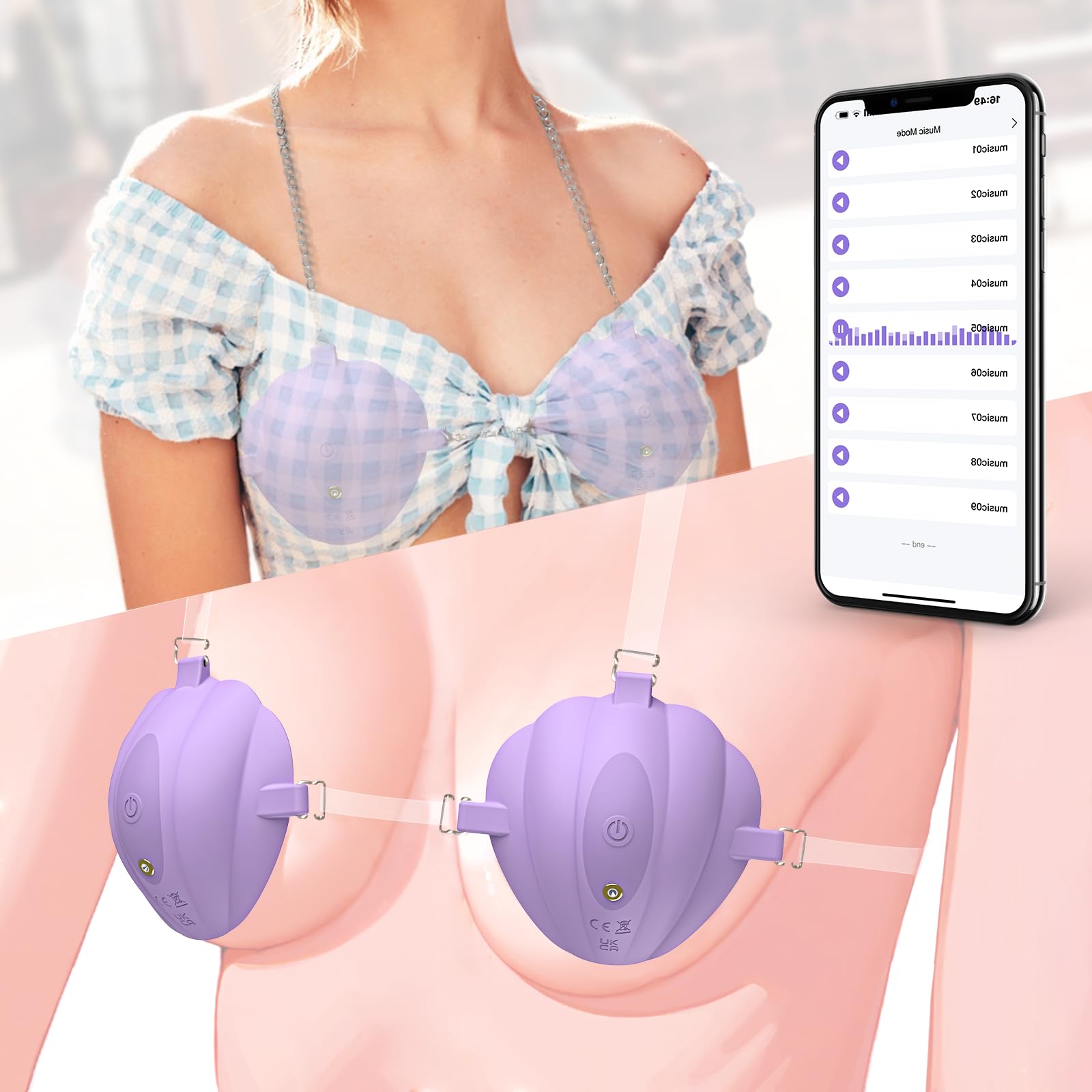 Vibromasseur de Mamelon avec Sangles pour Femmes, Pinces à Seins Erotiques Portables Jouets Eotiques Stimulateur Développement Mammaire, Massage d’Augmentation Mammaire 9 Modes, Contrôle APP (FG-025)