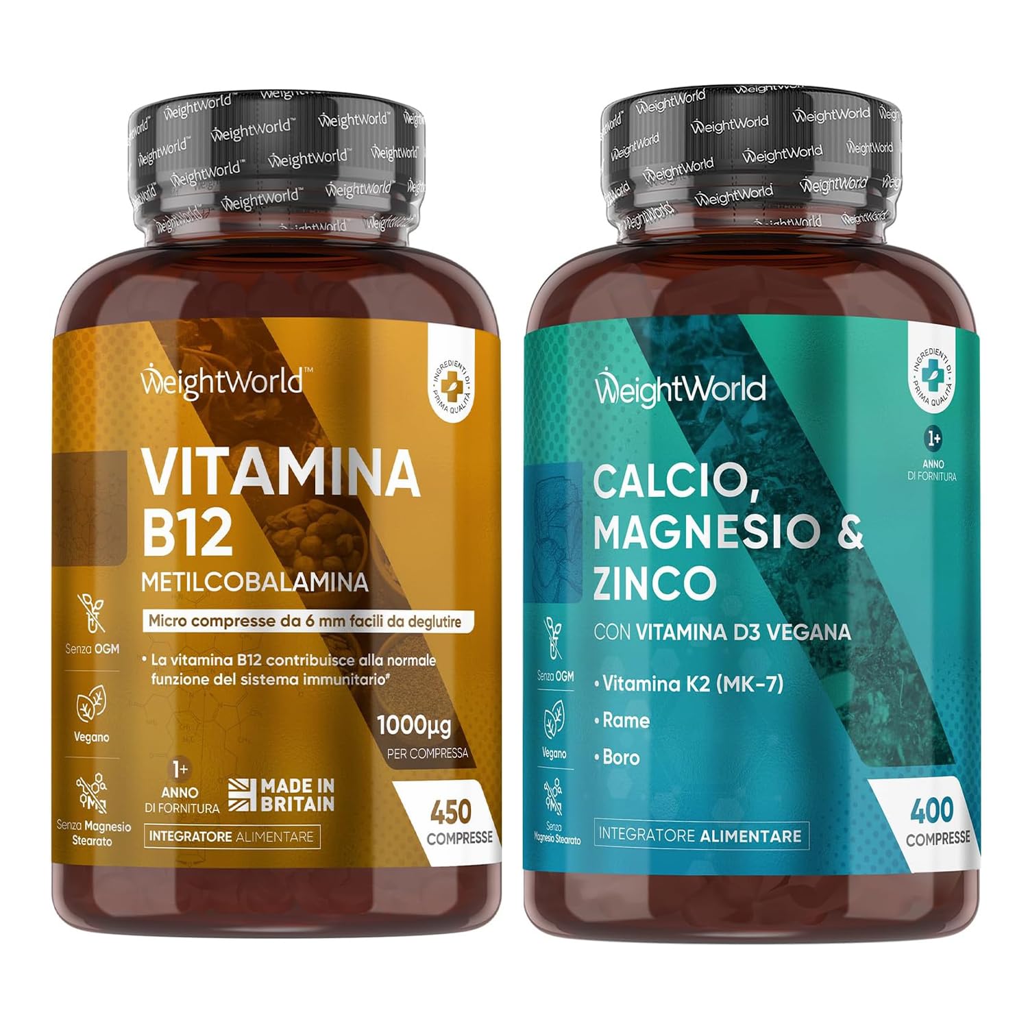 Vitamina B12 e Magnesio Zinco Calcio Bundle, 450 + 400 Compresse, 1 al Giorno Ciascuna (1+ Anno di Fornitura), Metilcobalamina 1000mcg, Calcio Magnesio Zinco Integratore con Rame e Selenio, Vegano