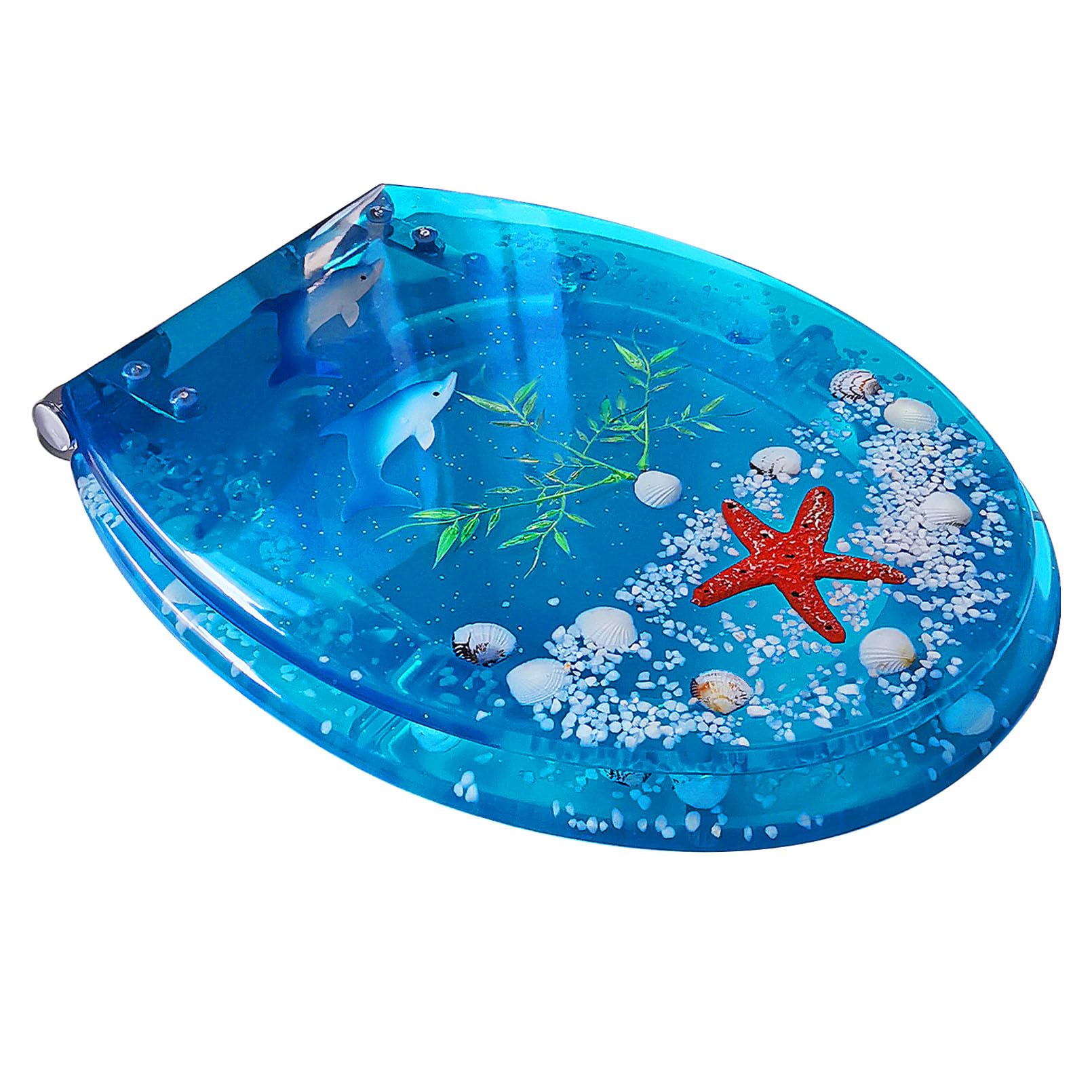 Premium Soft Closed Elongated Toilet Seat with Clear Seashells Filling Cover, Will Slow Close and Never Come Loose Toilet Lid, One Click Quick Release, Easy to Cleaning