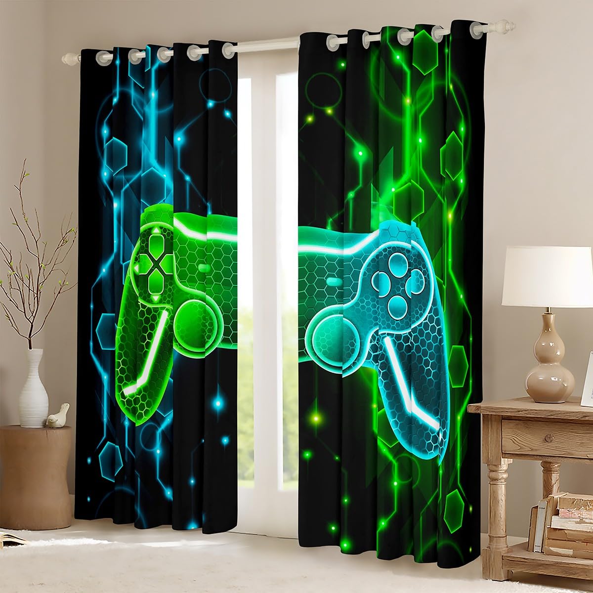Homemissing Kids Gamer Curtains for Bedroom Game Controller Darkening Drapes W66*L72 Boys Gaming Gifts 30%-50% Blackout Curtains Gamepad Pattern Green Teal Blue Window Treatments - Image 2