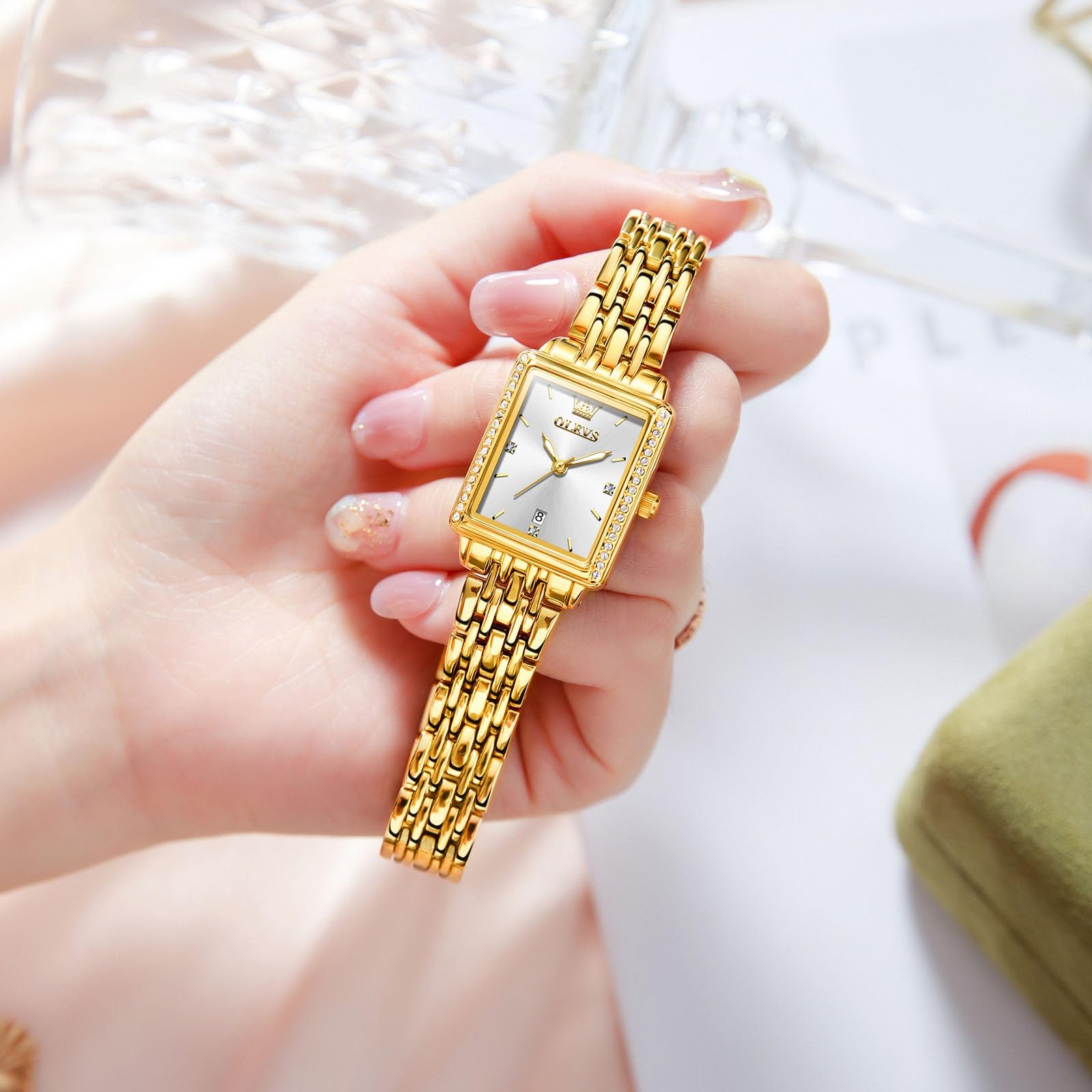 OLEVS Gold Uhren für Frauen Quadrat, Edelstahl Armband Damenuhren Kleines Gesicht, Retro wasserdichte Leuchtende Damen Armbanduhren mit Datum Leicht zu Lesen