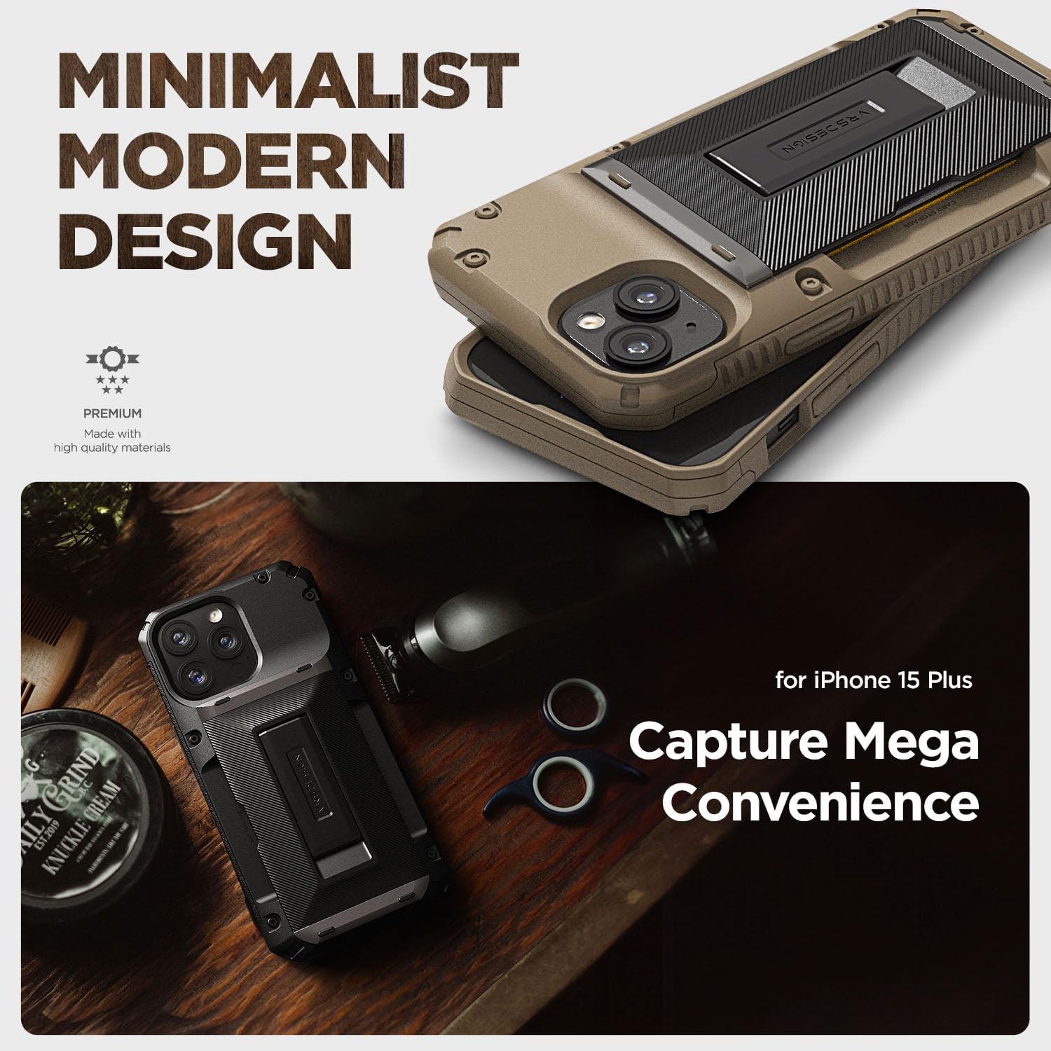 VRS DESIGN Damda Glide Hybrid Phone Case Designed for iPhone 15 Plus (2023), Functional Sturdy Wallet Card Holder Kickstand Case Compatible with iPhone 15 Plus (Khaki) - Image 5