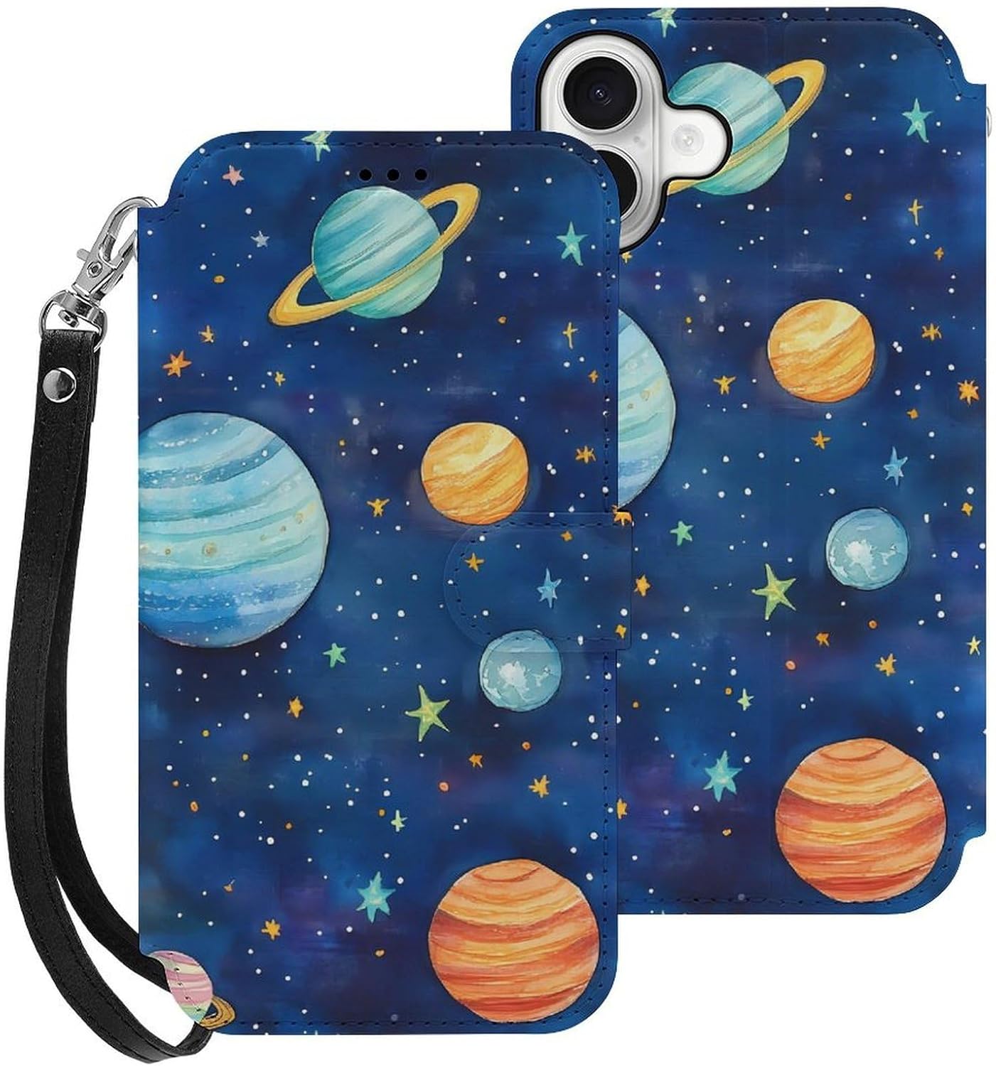 Watercolor Galaxy Solar System Compatible with iPhone 16/16 Plus/16 Pro/16 Pro Max/16 E Case Phone Wallet Card Holder Flip Cover with Wrist Strap