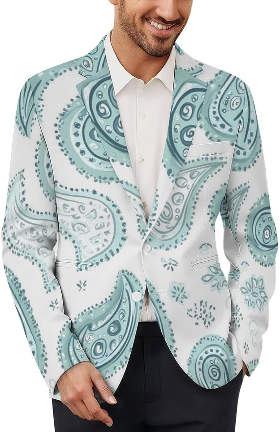 Paisley Pattern Light Blue and Green Suits Blazer for Men Casual Buttons Lapel Jacket Sport Coat