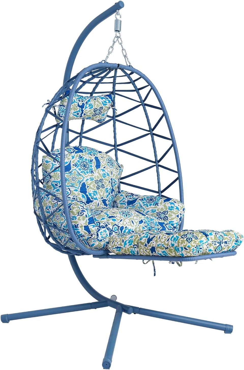 Hanging Egg Chair with Stand & Leg Rest,Rattan Wicker Swing Chair with Cushion,Patio Basket Hanging Chair Wicker Hammock Chair for Indoor Outdoor Bedroom Garden,300LBS (Blue Rattan&Floral Cushion)