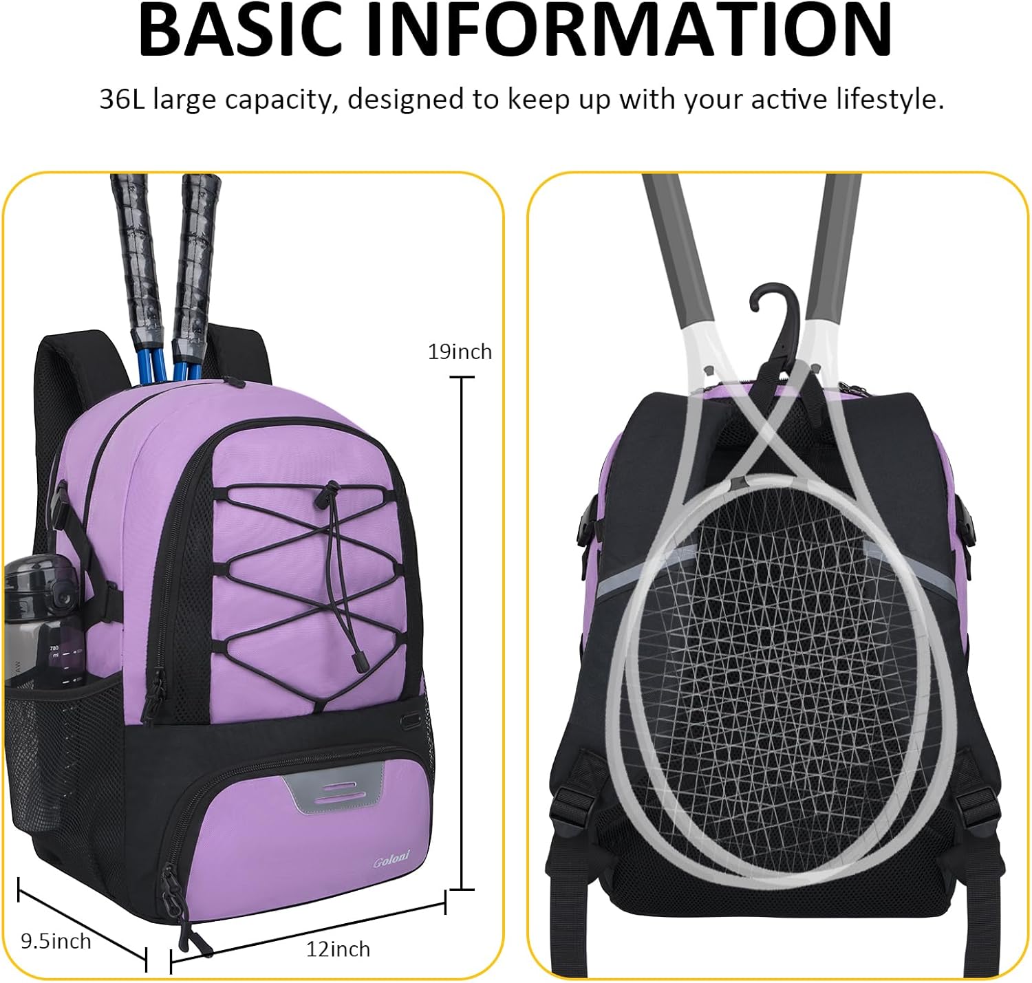 Goloni Tennis Backpack, Tennis Bag with Fence Hook & Ventilated Shoe Compartment, Holds 2 Tennis Rackets