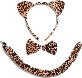 Cheetah Costume for Women Adult, Cheetah Ears and Tail Leopard Ears and Tail Bow Tie Set, Cheetah Ears Headband Leopard Costume for Women, Animal Ears Accessories for Halloween Cosplay Party Dress Up