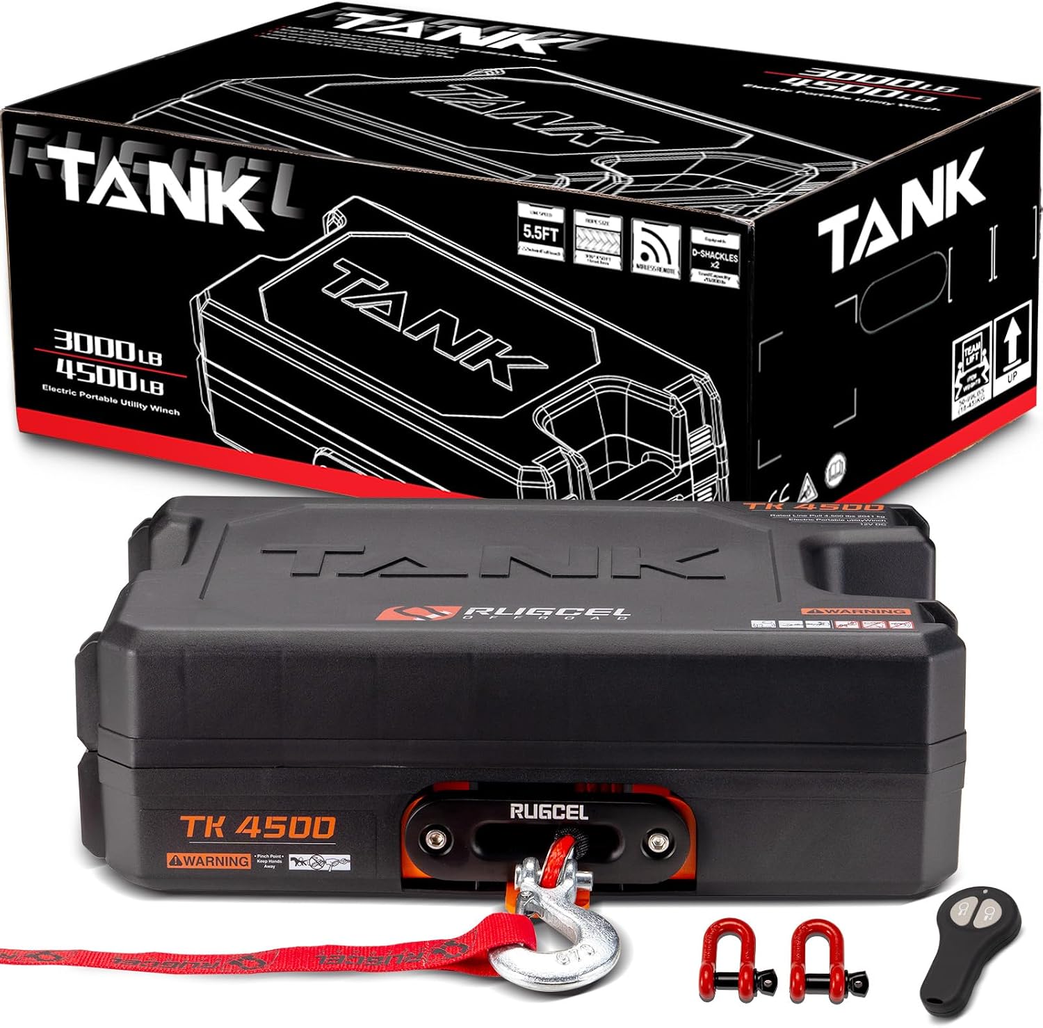RUGCEL WINCH Portable Winch 12V DC Electric Utility winch,4500lb/2041kg Single Line Pull with Steel Mounting Plate, Integrated Hawse Fairlead and Synthetic Rope,Infrared remote control,atv utv winch