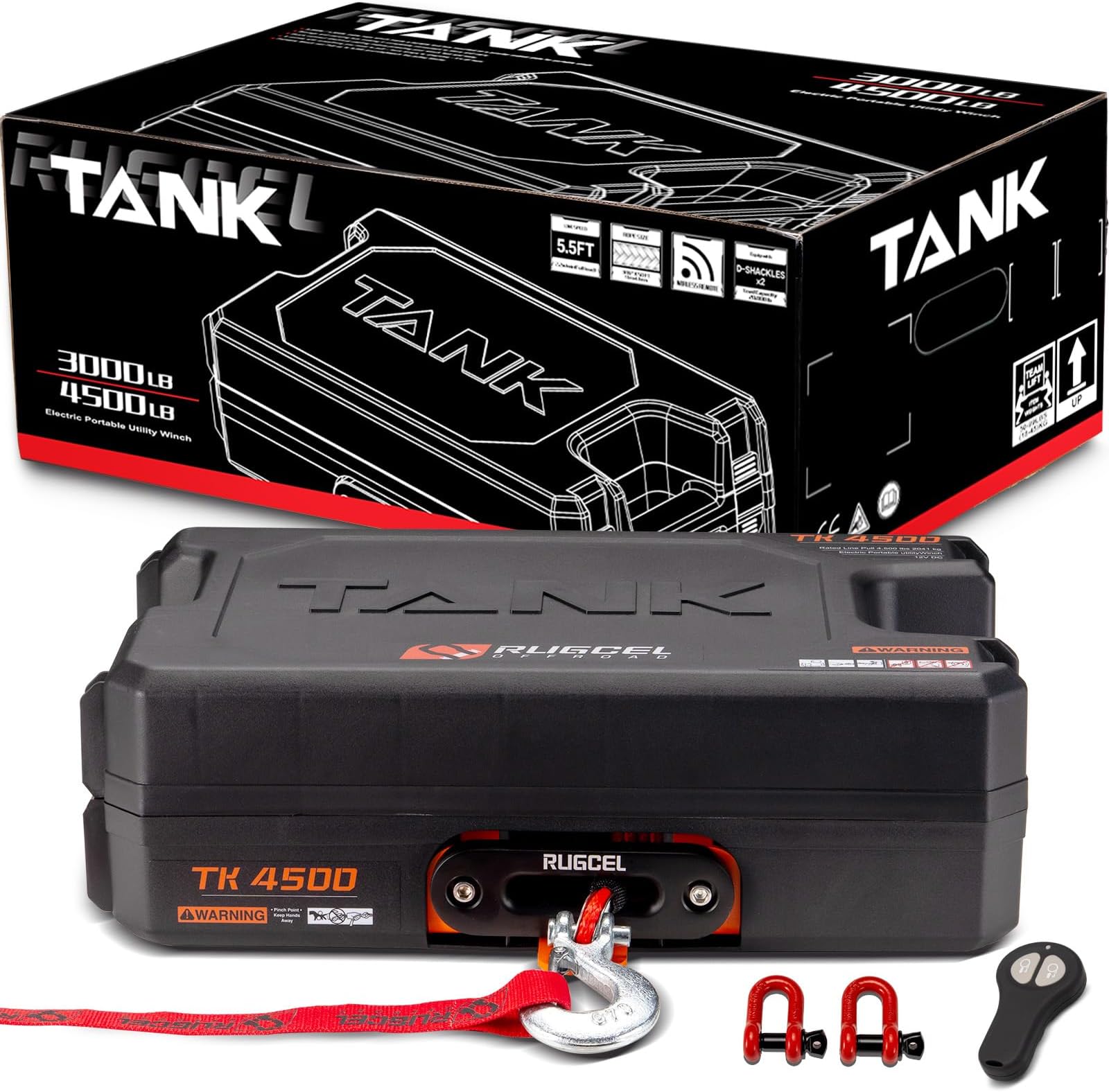RUGCEL WINCH Portable Winch 12V DC Electric Utility winch,4500lb/2041kg Single Line Pull with Steel Mounting Plate, Integrated Hawse Fairlead and Synthetic Rope,Infrared remote control,atv utv winch