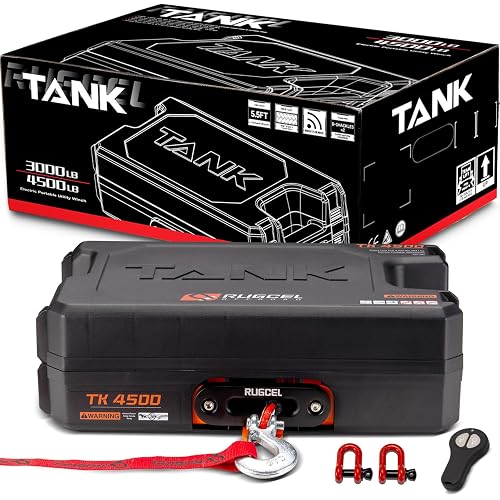 RUGCEL WINCH Portable Winch 12V DC Electric Utility winch,4500lb/2041kg Single Line Pull with Steel Mounting Plate, Integrated Hawse Fairlead and Synthetic Rope,Infrared remote control,atv utv winch
