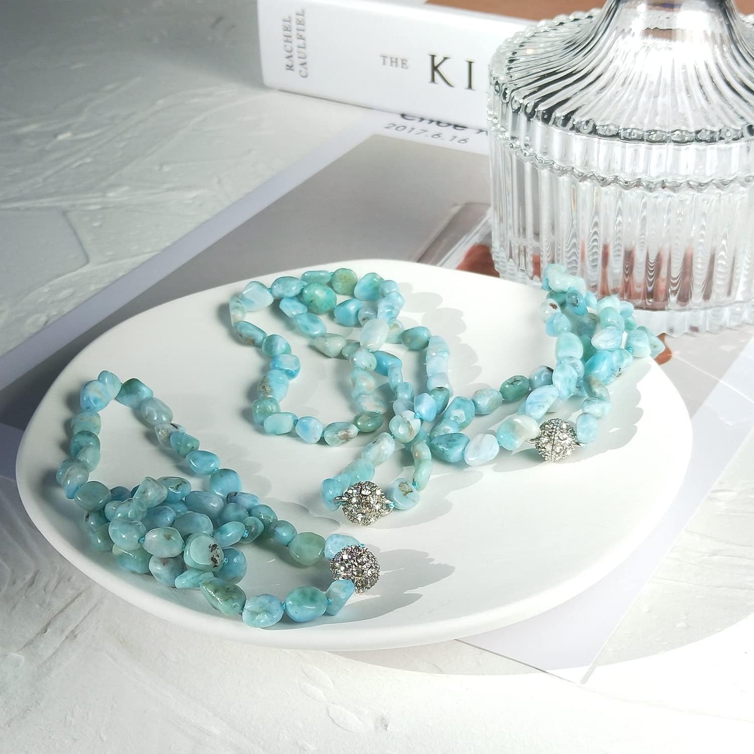 18" Natural Stone Larimar Beads Crystal Magnet Clasp Necklace - Image 6