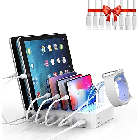 SooPii Quick Charge 3.0 60W/12A 6-Port USB Charging Station for Multiple Devices, 8 Short Charging Cables Included, I Watch Charger Holder,for Phones, Tablets, and Other Electronics,White