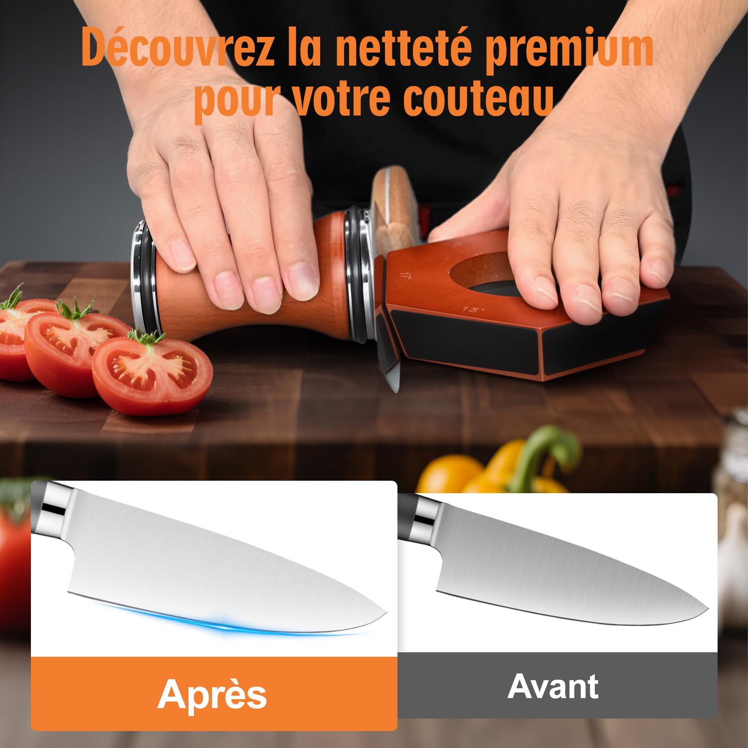 Affuteur de couteaux, knife sharpener avec 4 meules, pour aiguiseur les couteaux de cuisine de manière experte kit d'affûtage simplifié – Compatible avec les angles 12°/15°/17°/19°/22°/25°