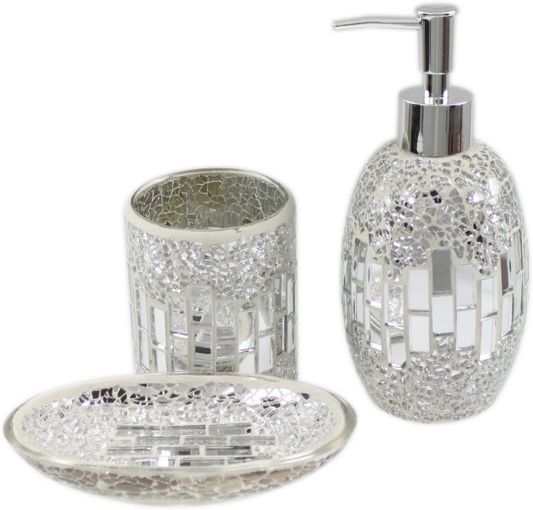 3 Piece Modern Silver Chrome Sparkle Mosaic Glass Tile Bathroom Accessory Set