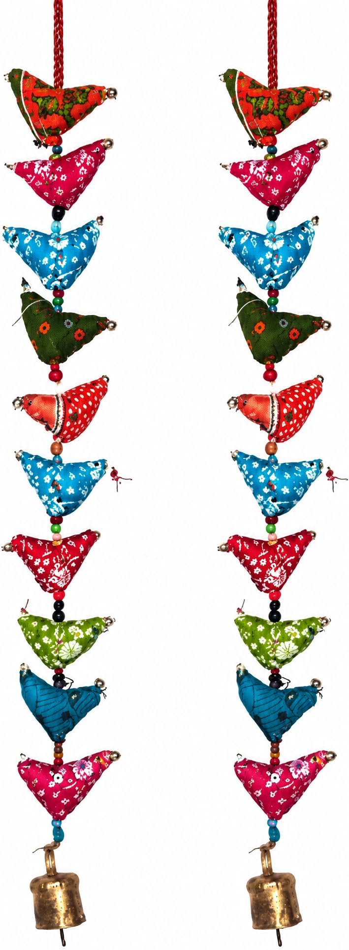 Floral Cotton Stuffed Small Birds in Vibrant Design Stringed with Beads Brass Bell Door Hanging Assorted Set of 2 Pcs by Super India