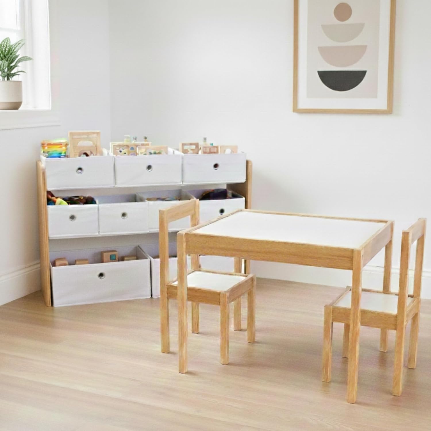Humble Crew Journey Playroom in a Box, Kids 9 Bin Toy Organizer and 3pc Wood Table and Chair Set, Natural/White
