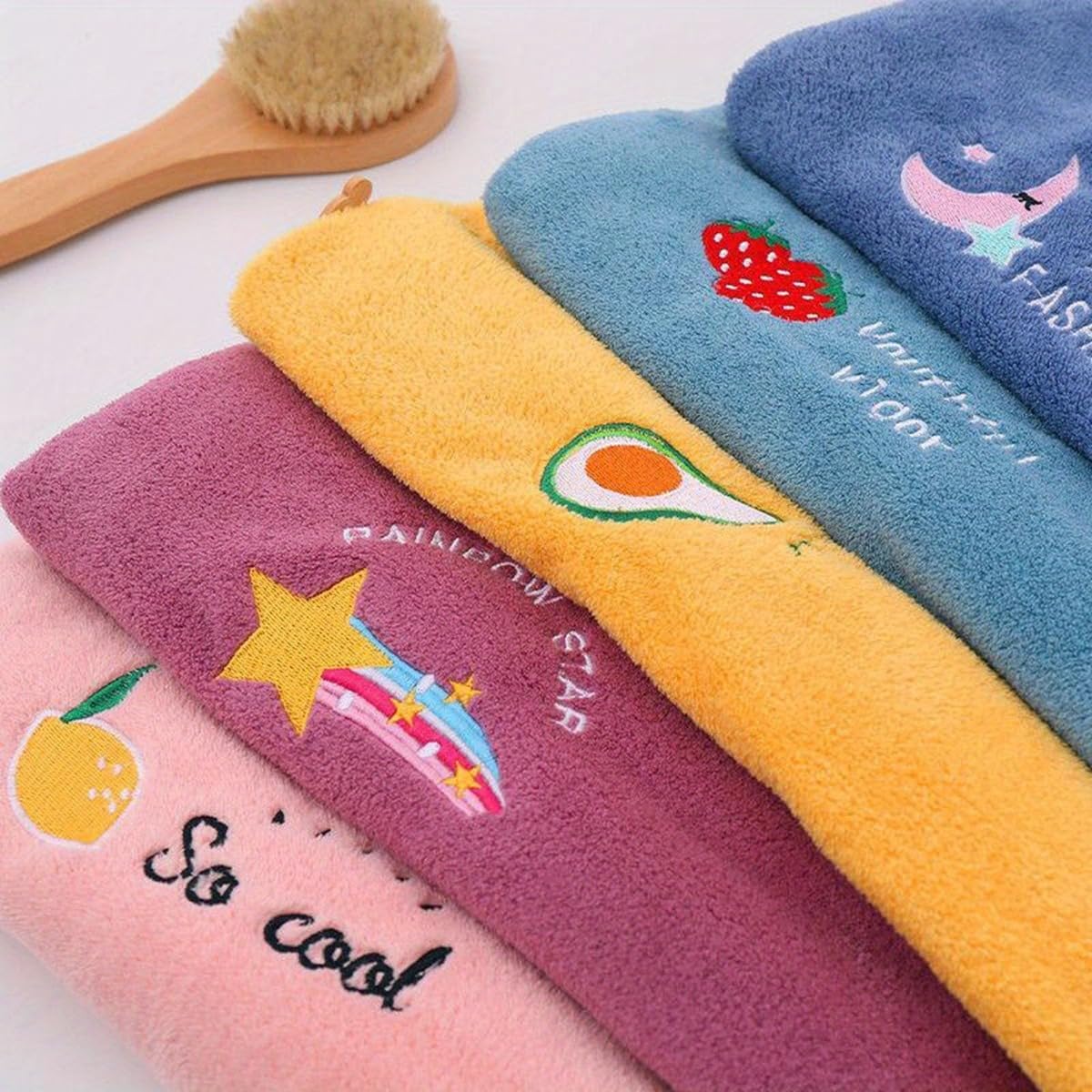 5pcs Quick Water Absorbent Turban Set, Fruit Embroidered Hair Drying Cap, Drying Towel, Ladies Towel Set with Embroidery, Dry Embroidered Ladies