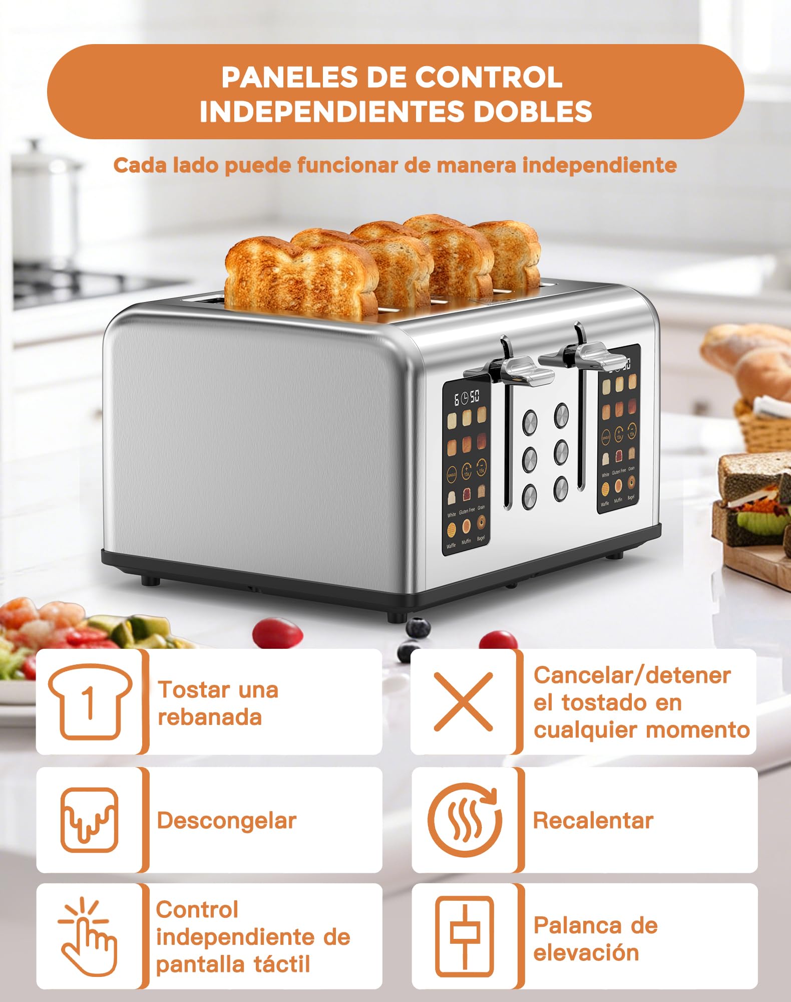 Tostadora Digital, Tostadora Pan Ranura Ancha, Pantalla Táctil, 6 Niveles de Tostado, 6 Programas de Pan, Función Descongelar y Recalentar, 4 Ranuras Anchas, Acero Inoxidable