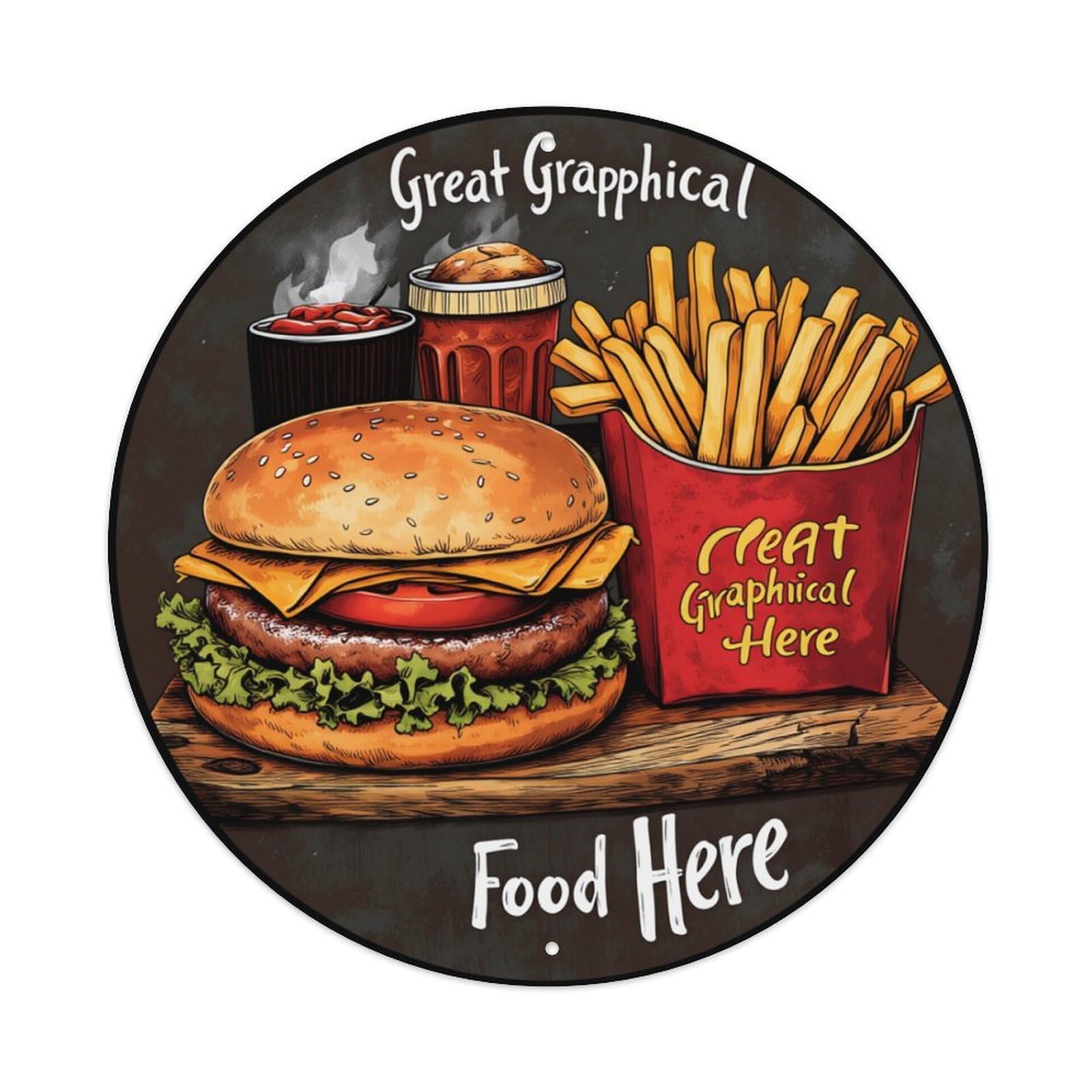 Burger Fries Drink Wood Plank Round Tin Sign Retro Metal Sign for Cafe Bar Pub Home Game Room Gym Club Wall Decoration Vintage Metal Poster 8x8 Inch